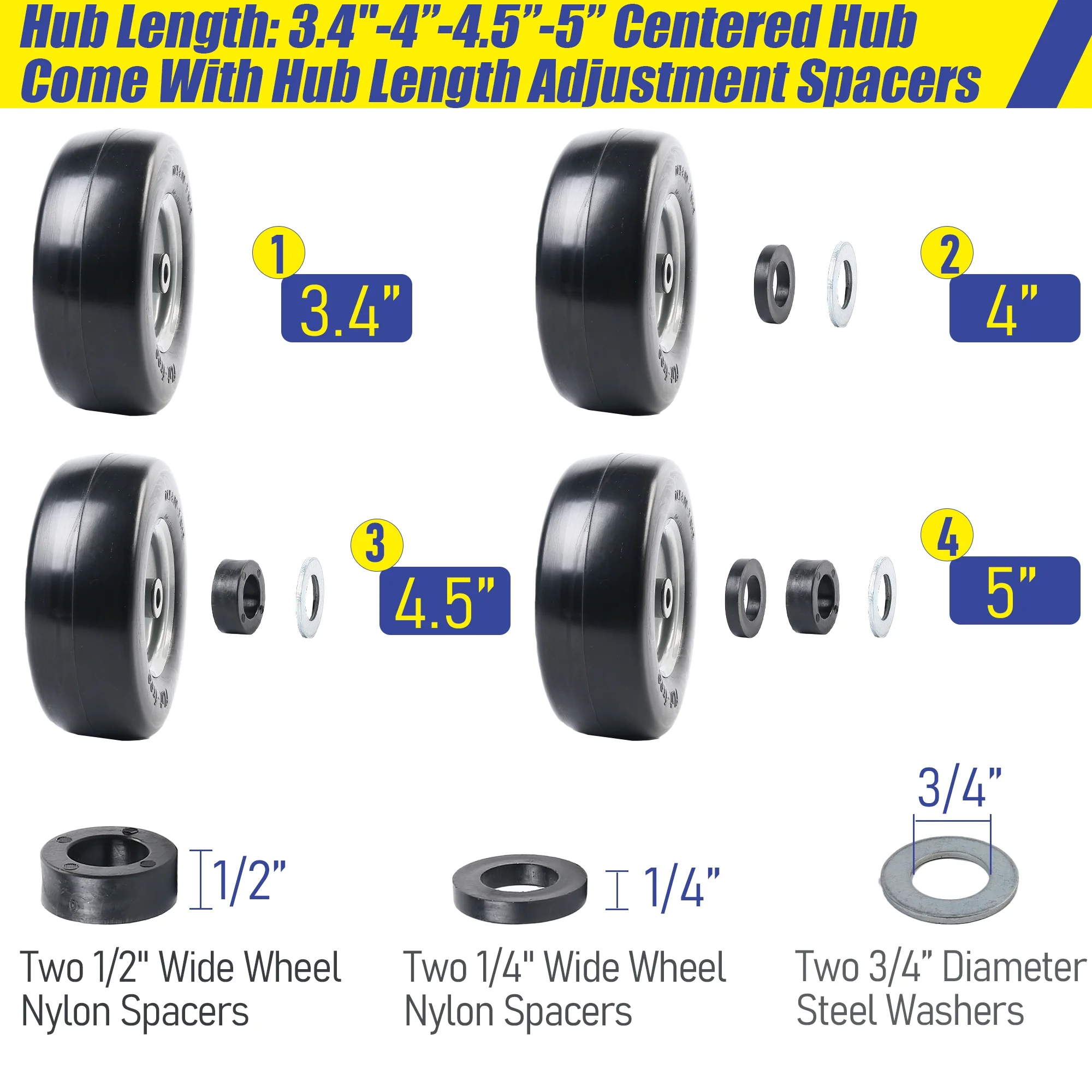 LotFancy 11x4.00-5” Flat Free Lawn Mower Tire and Wheel, Smooth Tread Tire for Zero Turn Mowers - Cheap Fitting