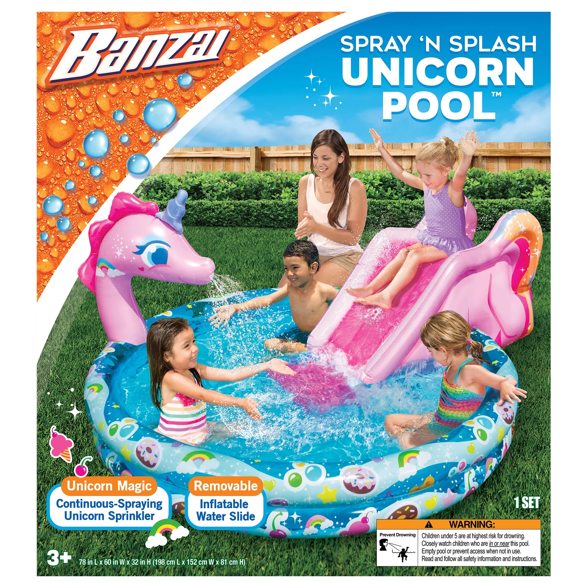 Banzai Spray 'N Splash Unicorn Pool, Length: 78 in, Width: 60 in, Height: 32 in, Inflatable Outdoor Backyard Water Slide Splash Toy - Cheap Fitting