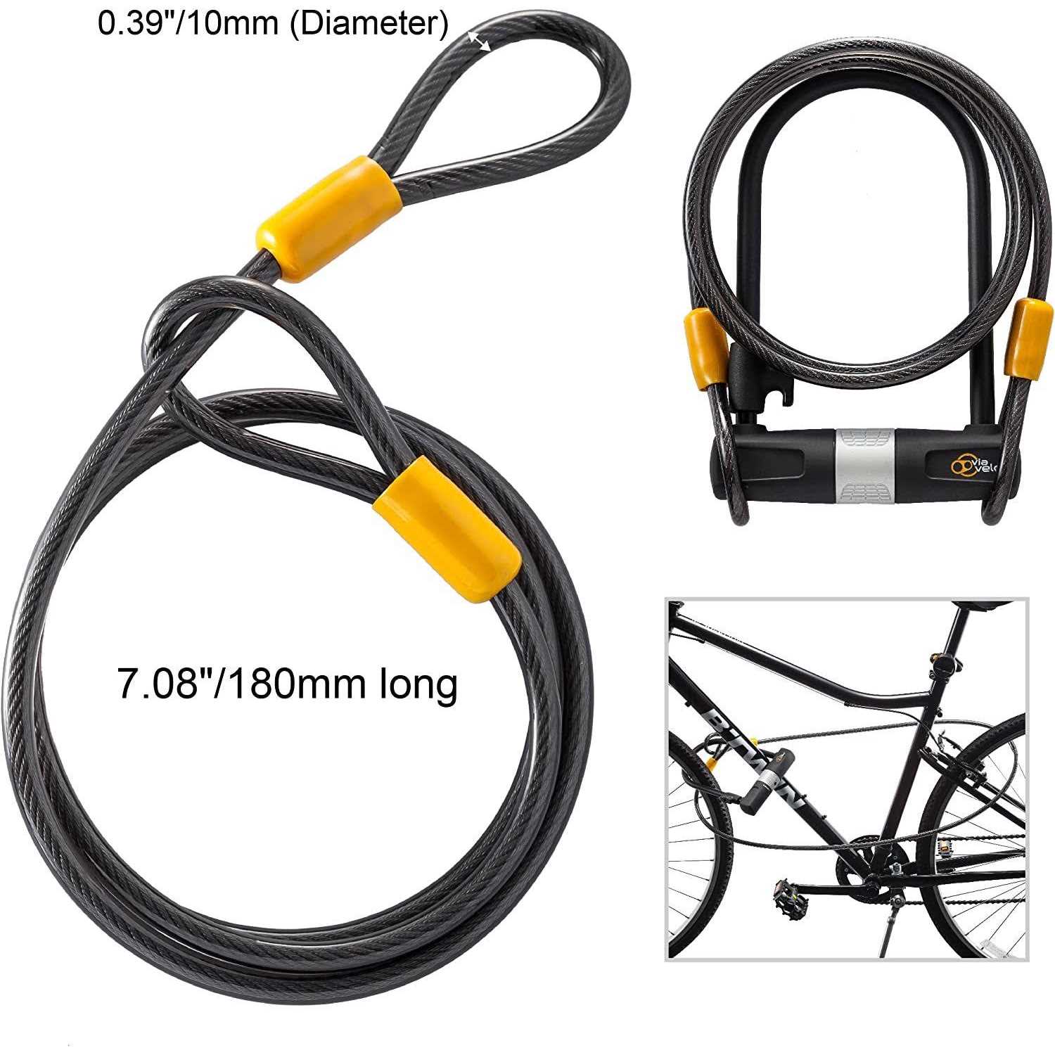 Bike U Lock with Cable Via Velo Heavy Duty Bicycle U-Lock,14mm Shackle and 10mm x1.8m Cable with Mounting Bracket for Road - Cheap Fitting