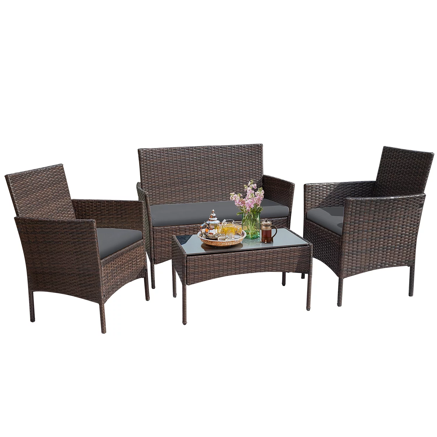 Lacoo 4 Pieces Patio Conversation Set Outdoor PE Rattan Wicker Chairs Set and Table, Brown - Cheap Fitting