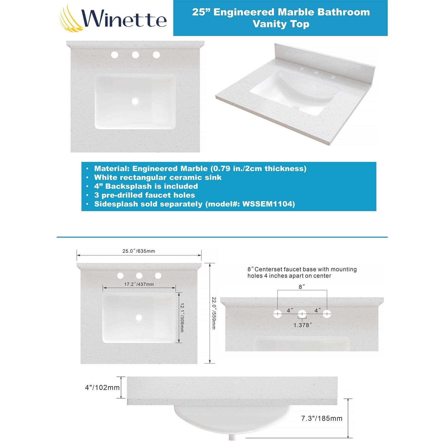 Winette 25 in. W x 22 in. D Engineered Stone Composite Vanity Top in Snow White - Cheap Fitting