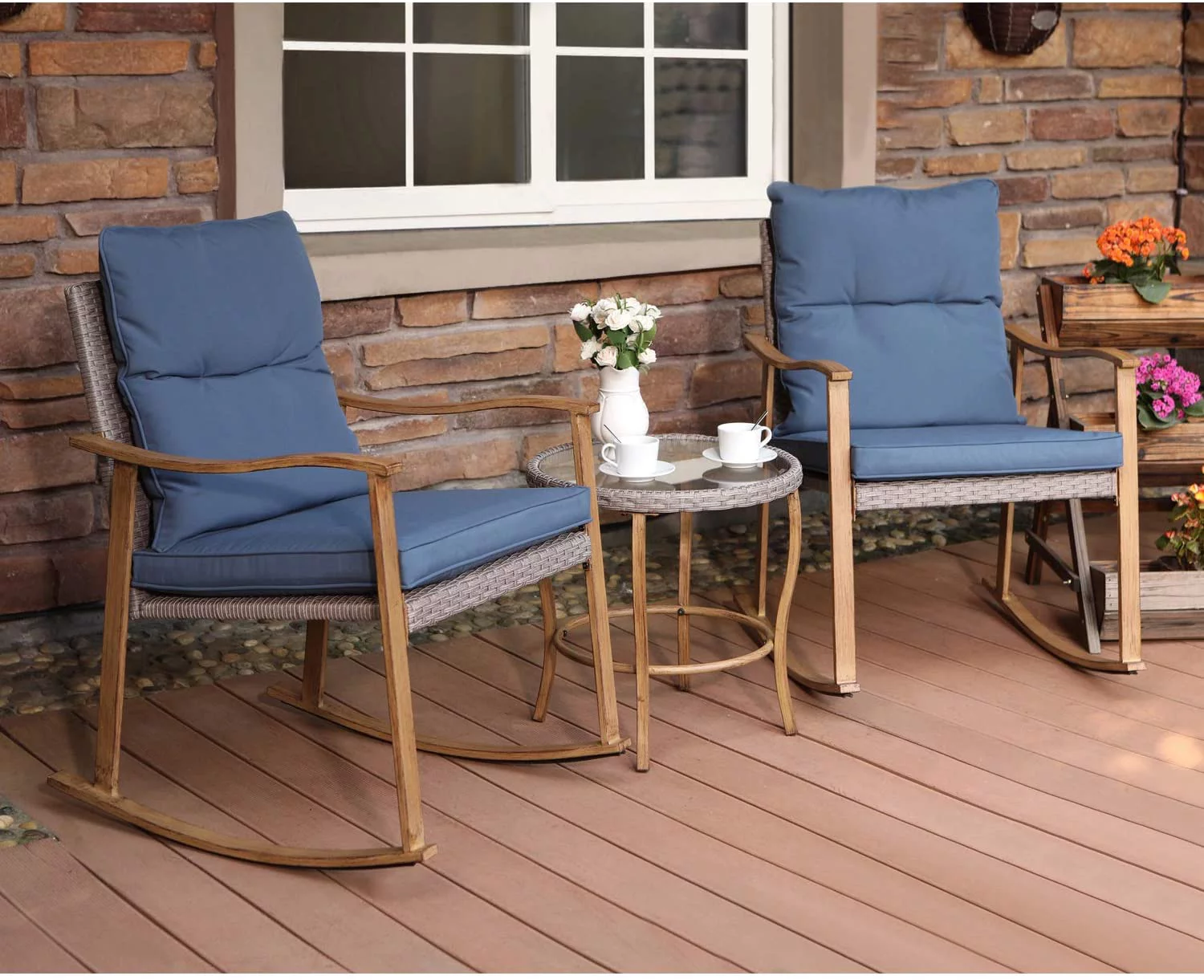 COSIEST 3 Piece Bistro Set Metal Patio Rocking Chairs with Table, Gray Cushions - Cheap Fitting