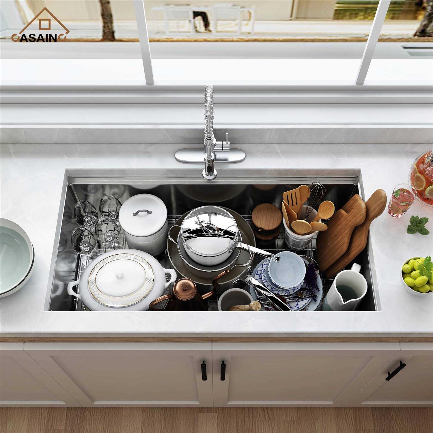 CASAINC 36 in. Undermount Single Bowl 18 Gauge Brushed Stainless Steel Workstation Kitchen Sink with Sliding-Accessories - Cheap Fitting