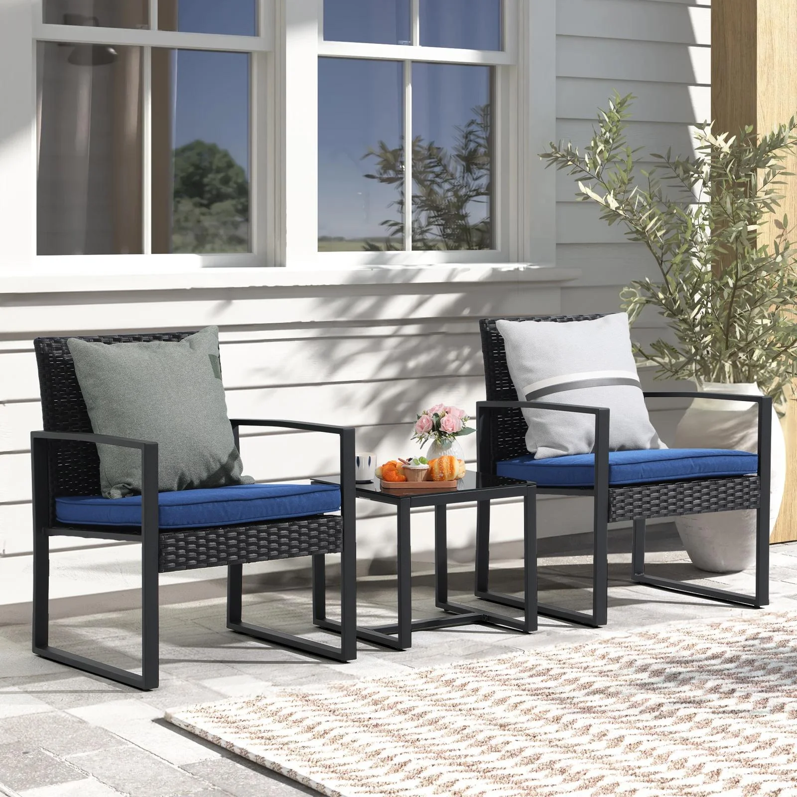 Orange-Casual 3 Piece Outdoor Modern Bistro Set, Wicker Conversation Set, Patio Rattan Chair Set, Patio Furniture Set with Coffee Table, Garden (Grey) - Cheap Fitting
