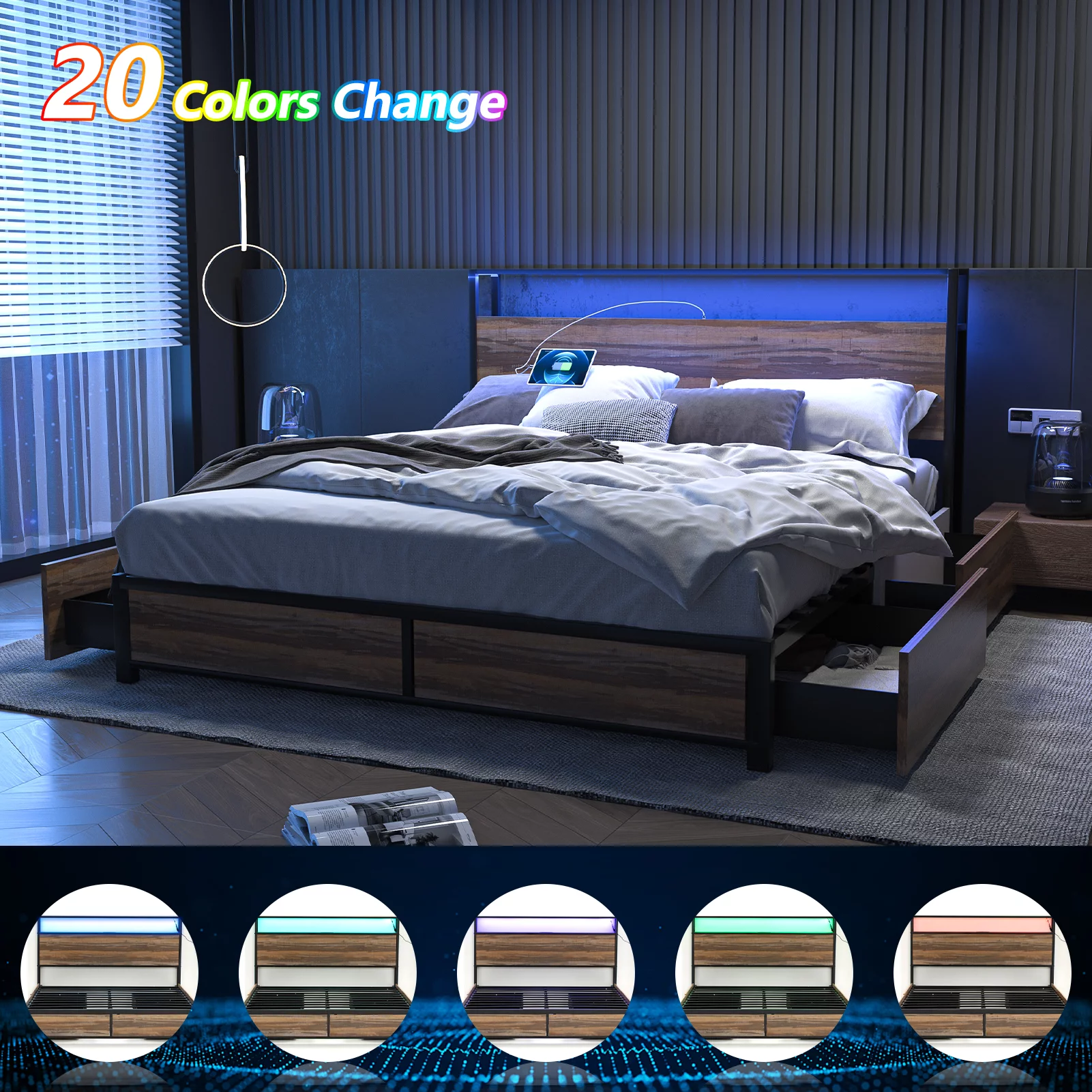 LED Bed Frame Queen Size with 2 USB Ports and Outlets, Platform Metal Bed Frame with 4 Storage Drawers and Headboard, No Box Spring Needed, Noise-Free(Vintage Brown-Queen) - Cheap Fitting