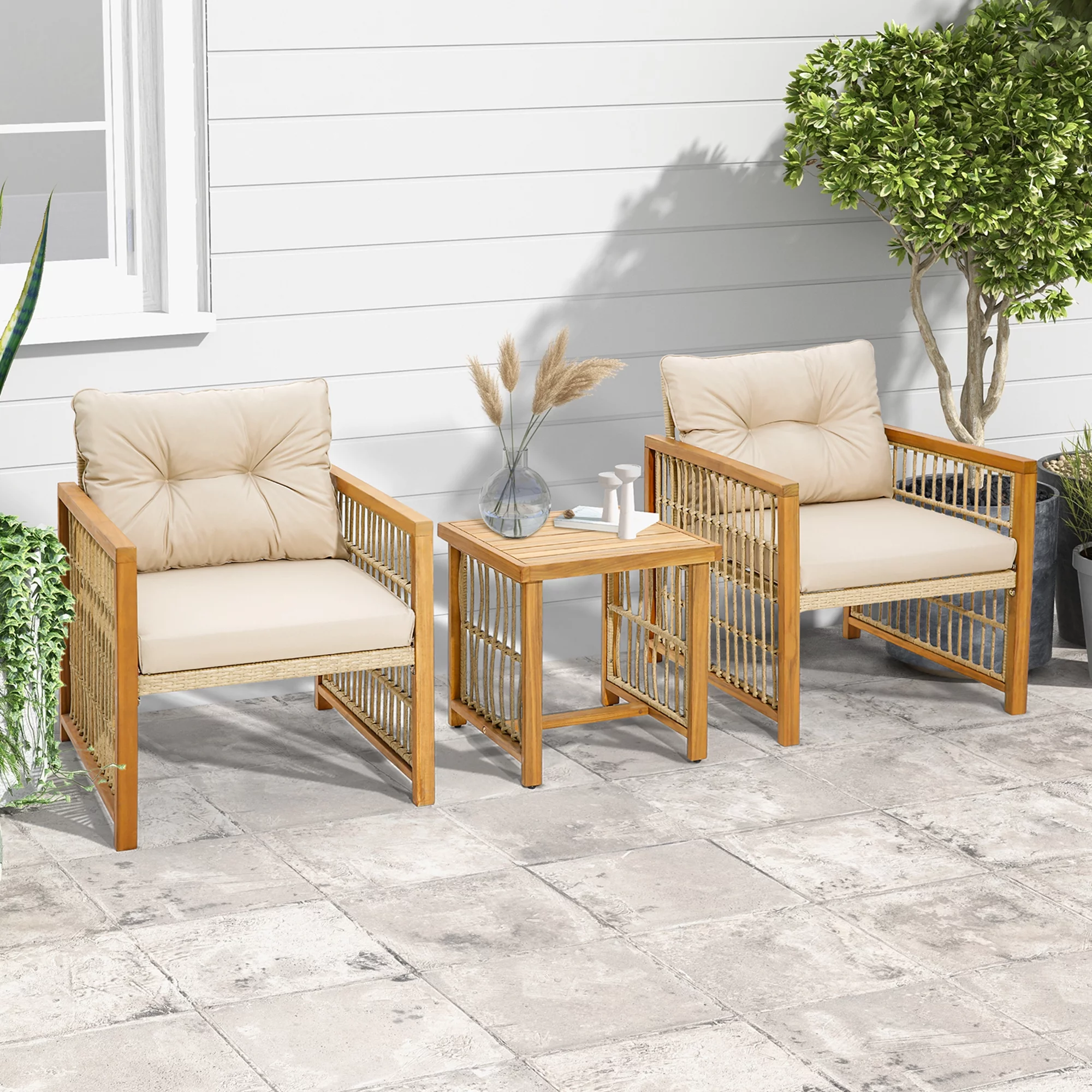 Costway 3PCS Patio PE Wicker Conversation Set Acacia Wood Frame withSeat & Back Cushions - Cheap Fitting