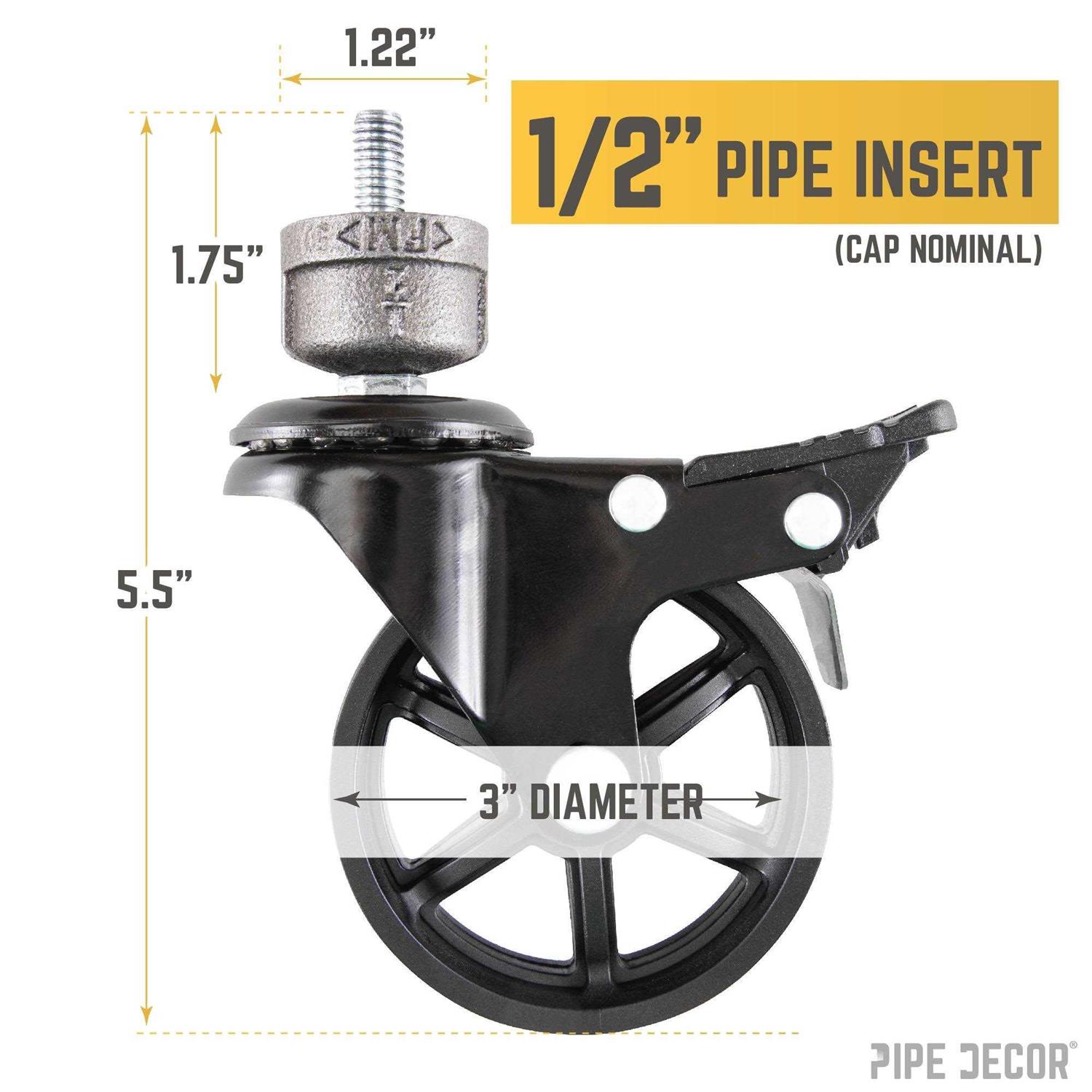 PIPE DECOR Black Malleable Iron Cap Fitting with 3 in. Caster Wheel for Pipe Furniture - Cheap Fitting