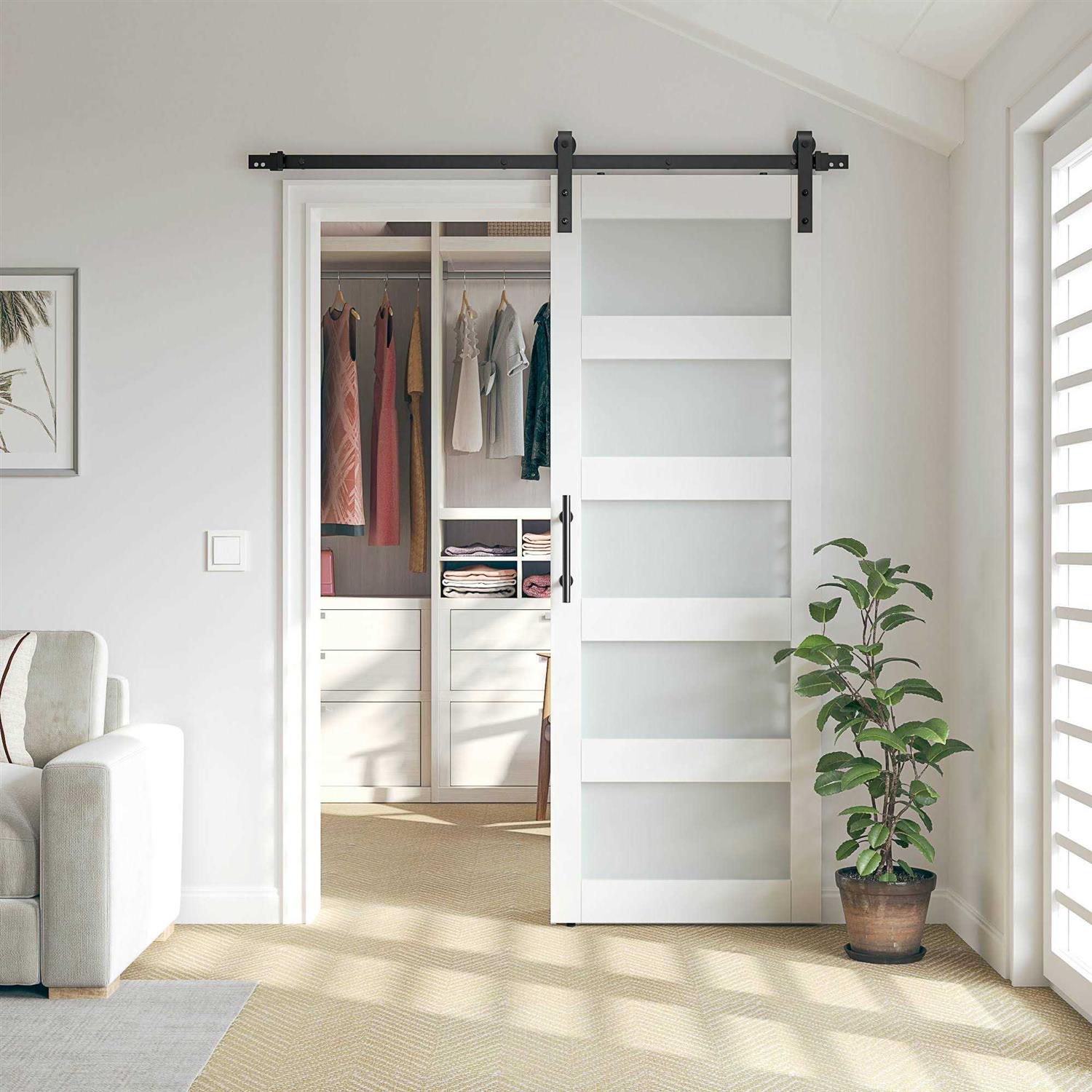 Sanding 84 in. 5 Frosted Glass PVC Surface MDF Sliding Barn Door with Hardware Kit - Cheap Fitting