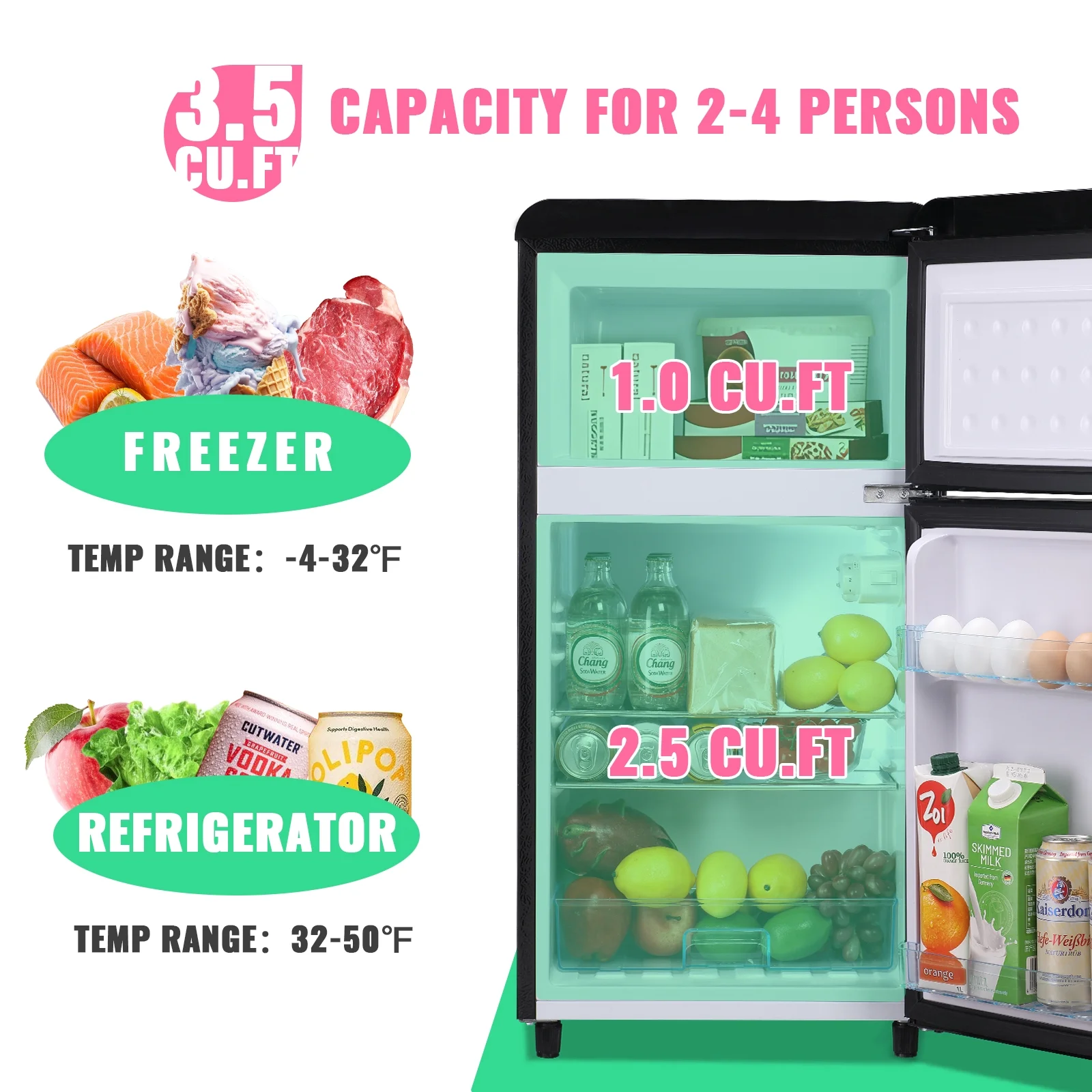 DEMULLER 3.5 Cu. ft Mini Fridge Double Door  Refrigerator  7 Adjustable Temperature Control White - Cheap Fitting