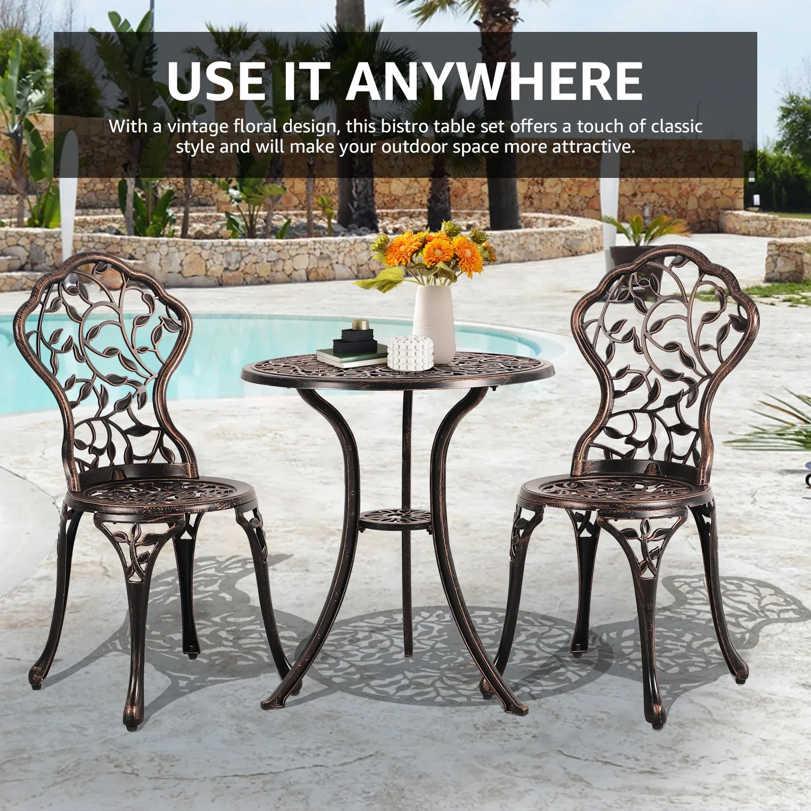 COBANA 3-Piece Outdoor Bistro Set, All Weather Cast Aluminum Patio Dinning Retro Table and Chairs with 2