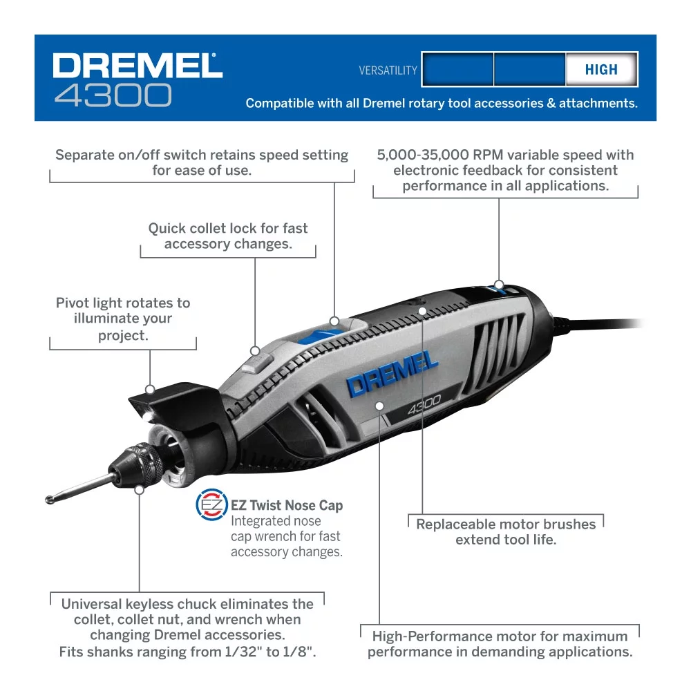 Dremel 4300-9/64 Corded Variable Speed Rotary Tool Kit with Flex Shaft and Hard Storage Case, High Power & Performance, Variable Speed - Engraver, Etcher, Sander, and Polisher - Cheap Fitting