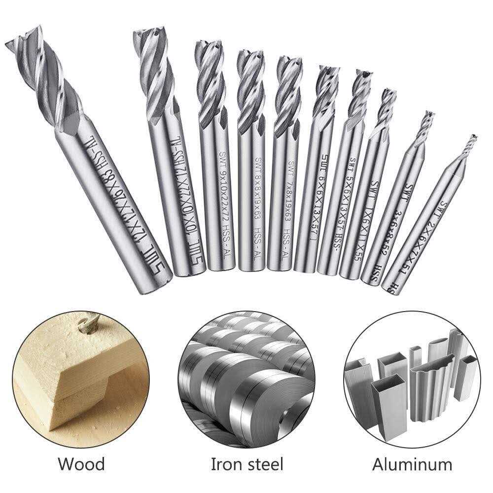 10 pcs 4-Flute End Mill Bits AFUNTA 008′ 047′ HSS CNC Straight Shank Drill Bits Cutter Tool Set for Wood Aluminum Steel Titanium - Cheap Fitting