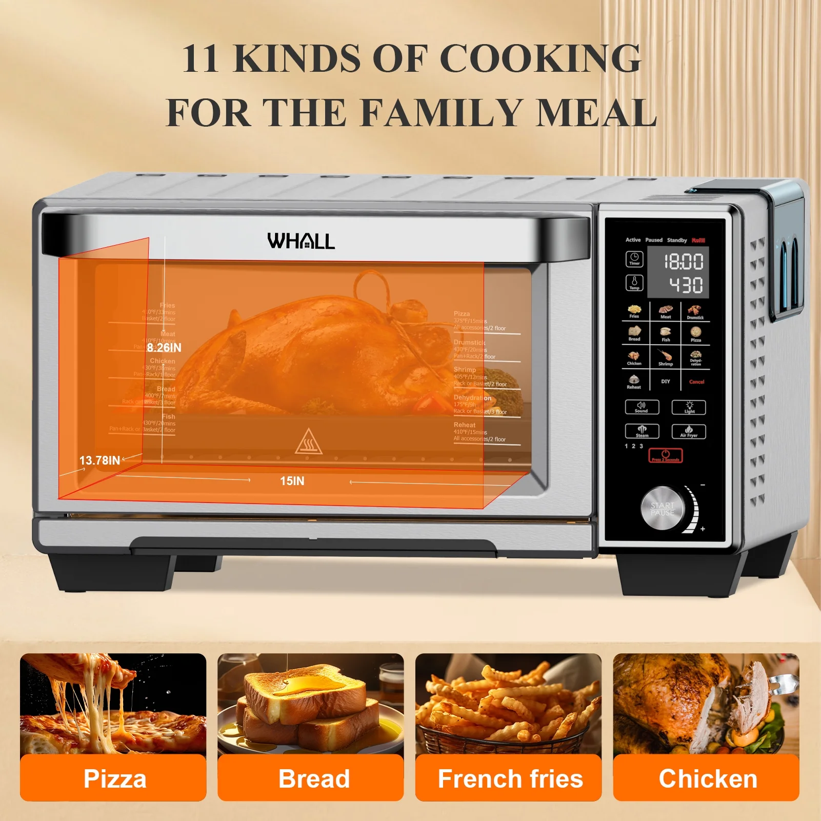 WHALL®Air Fryer Toaster Oven - 30QT Convection Oven, 11-in-1 Steam Oven, Touchscreen, 4 Accessories - Cheap Fitting