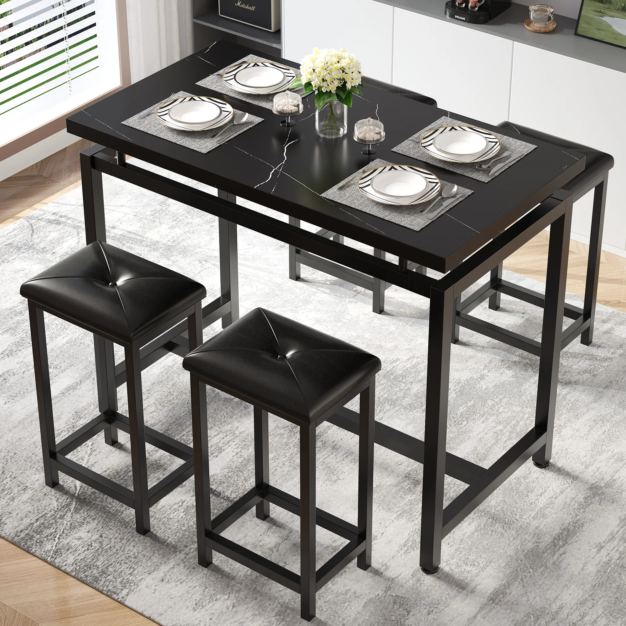 Counter Height Dining Set for 4, BTMWAY 5 Piece Bar Table Set for 4, Kitchen Dining Set with 4 Backrest Chairs, Modern PubTable and Stools Set, Dining Room Table Set for Kitchen Breakfast Nook, Black - Cheap Fitting
