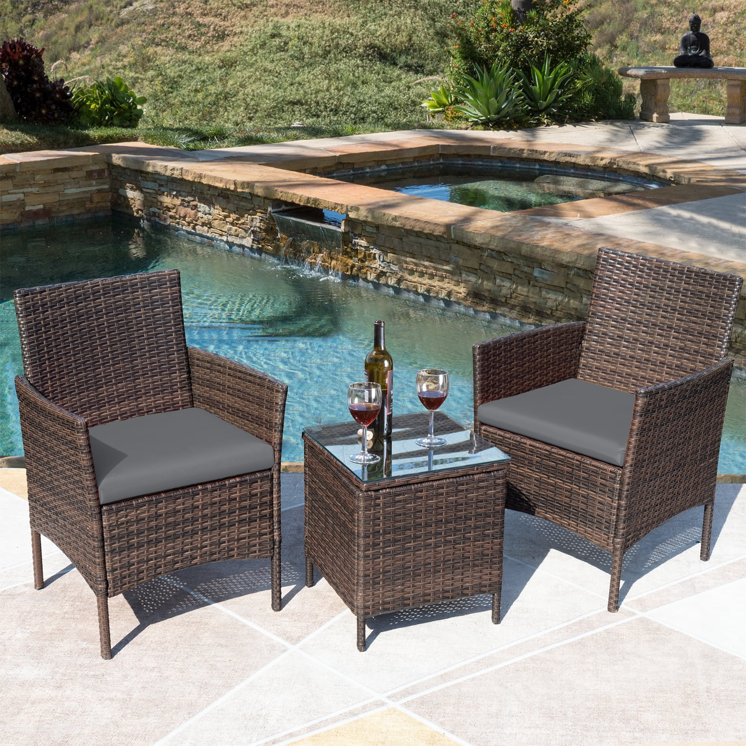 Devoko Patio Conversation Set Outdoor Furniture Set PE Rattan Set of 3, Brown/Beige - Cheap Fitting