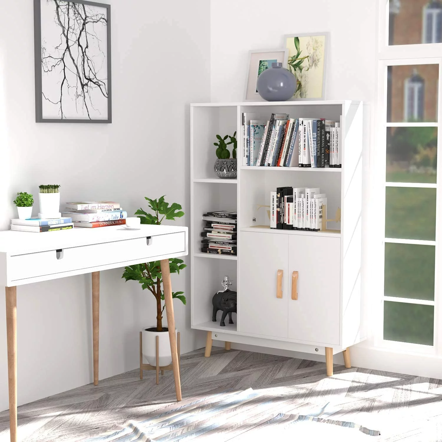 Homfa 5 Cube Bookcase with Door, Open Shelves Free Standing Storage Cabinet with Solid Legs, White Finish - Cheap Fitting