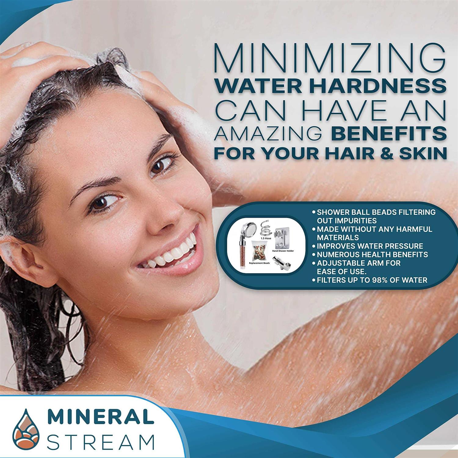 Mineral Stream Ionic Shower Head Full Kit with Replacement Beads + Hose + Shower Holder & Arm Diverter - Cheap Fitting