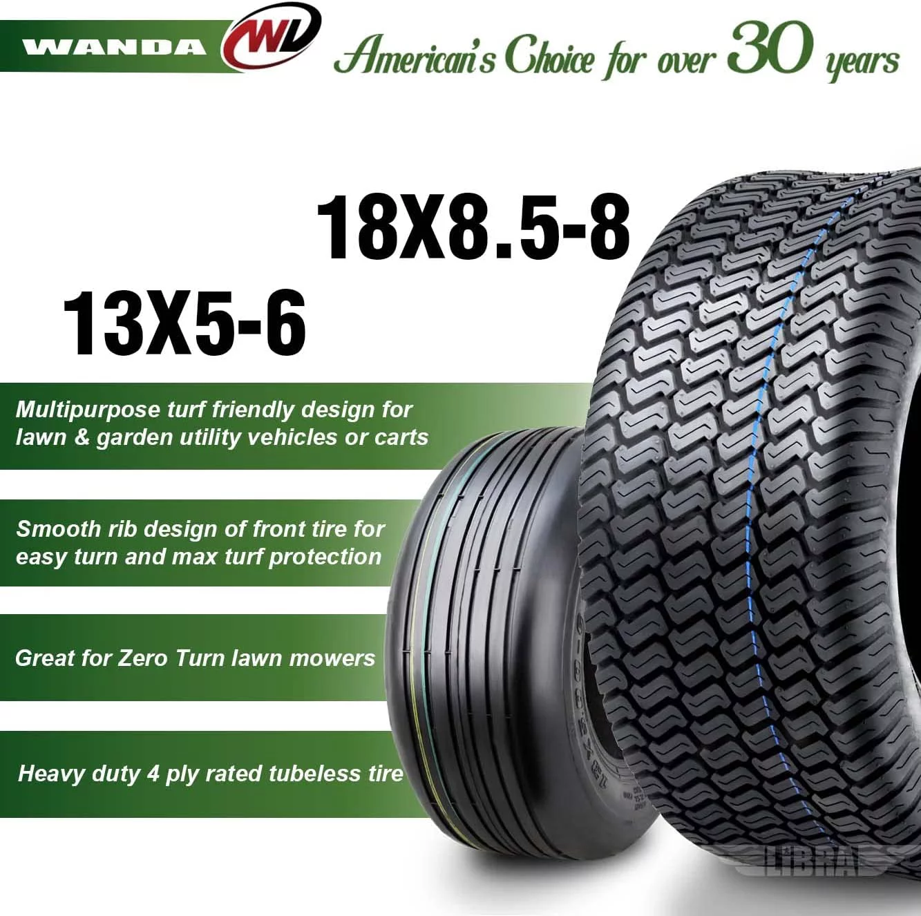 Set 4 WANDA Zero-Turn Lawn Mower Turf Tires 13x5-6 Front & 18X8.5-8 Rear /4PR -13080/13028 - Cheap Fitting