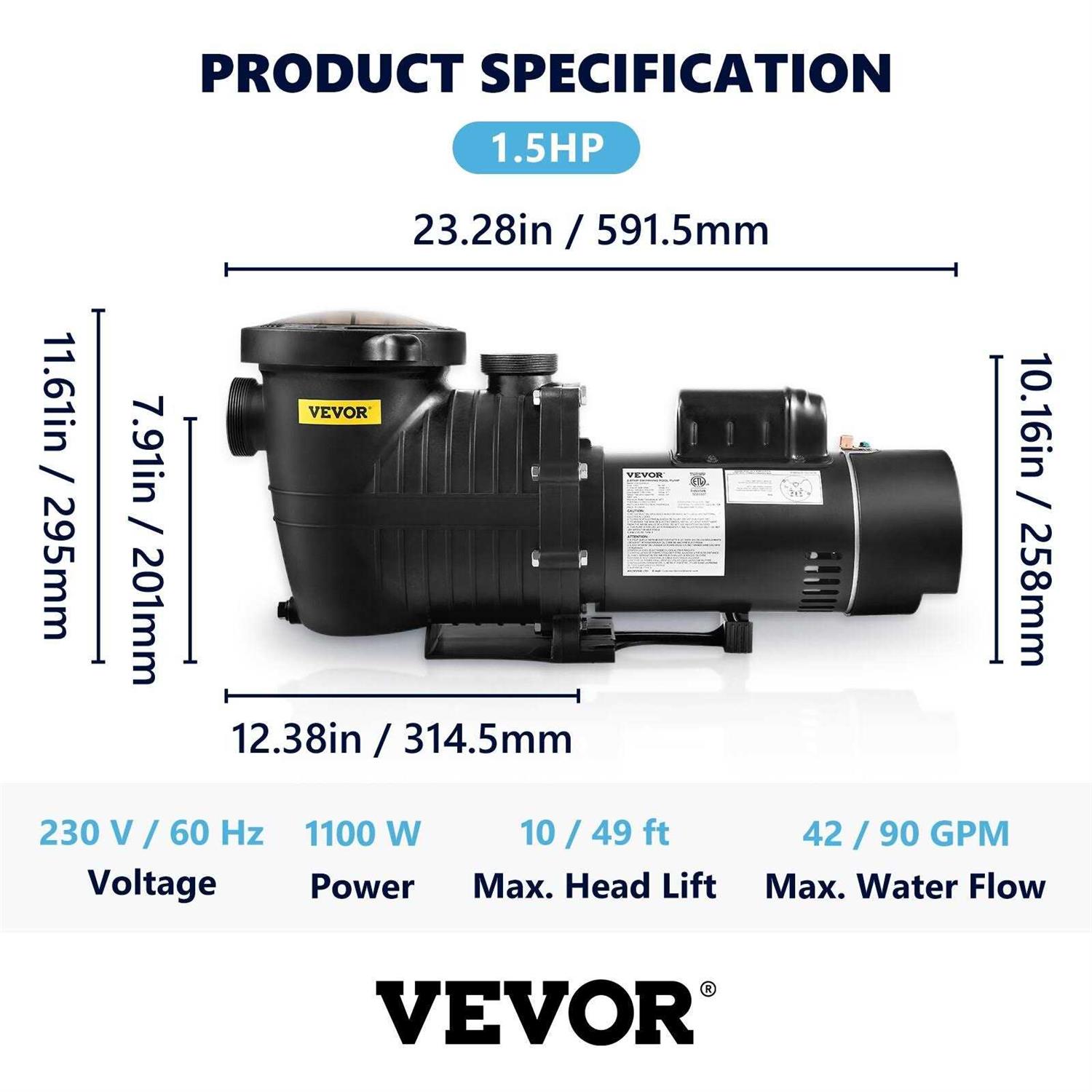 VEVOR Pool Pump 1.5HP 230V Variable Dual Speed Pumps 1100W for Above Ground Pool - Cheap Fitting