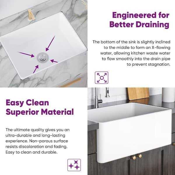 HOROW White Fireclay 24 in. L x 18 in. W Single Bowl Farmhouse Apron Kitchen Sink with Grid and Strainer - Cheap Fitting