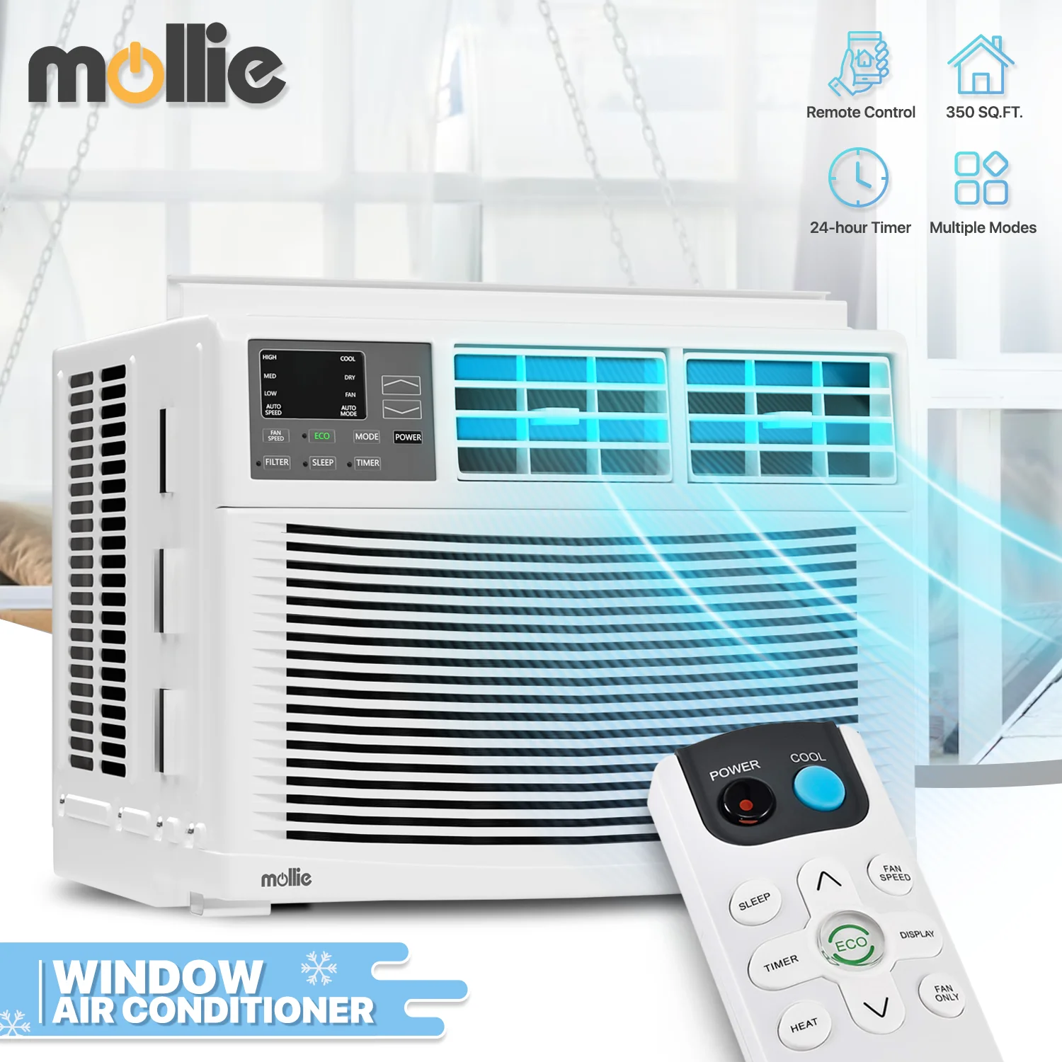 mollie 12,000 BTU 115V Window Air Conditioner, Cools Rooms up to 450 Sq.Ft., with Remote Control, 24H-Timer, 3 Fan Speeds and Auto-Restart, White - Cheap Fitting