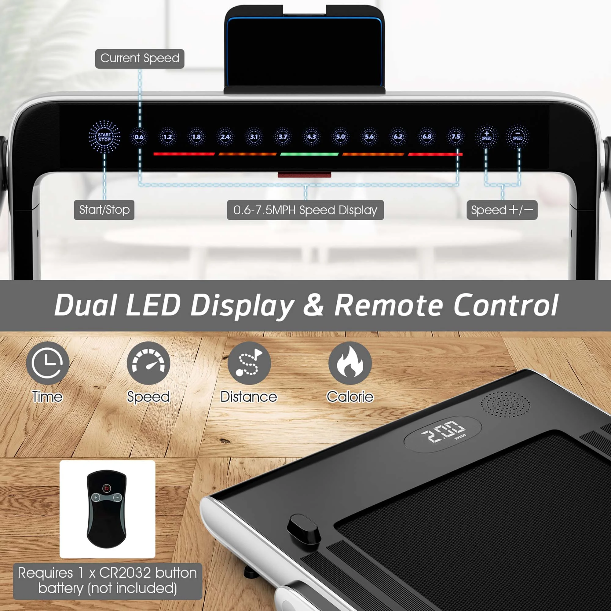 SuperFit Up To 7.5MPH 2.25HP 2 in 1 Dual Display Screen Folding Treadmill Jogging Machine W/APP Control Silver - Cheap Fitting