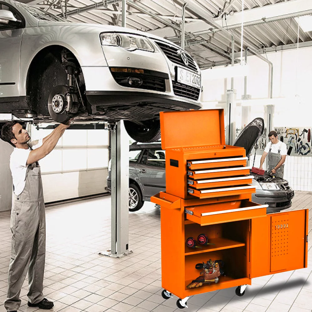 5-Drawer Big Rolling Tool Chest,Tool Storage Cabinet with Lockable Drawers, Mobile Steel Toolbox for Workshop and Mechanics Garage (Orange) - Cheap Fitting