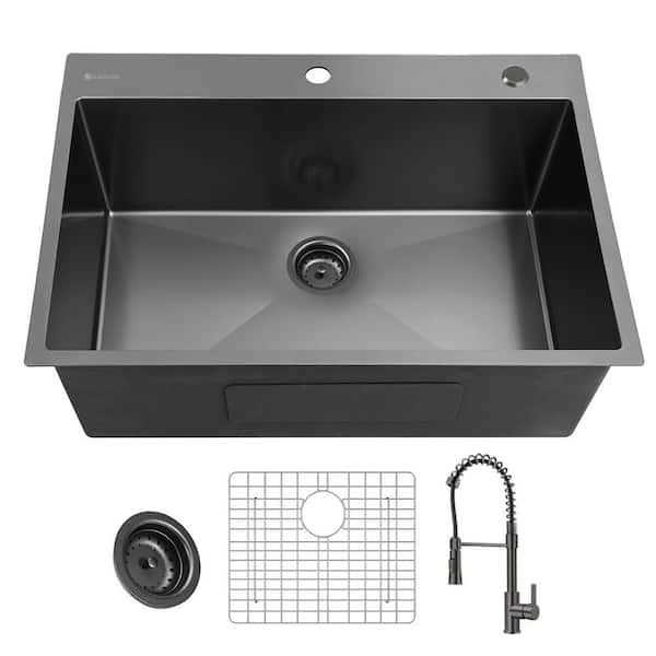 Glacier Bay Gunmetal Black Stainless Steel 25 in. 18 Gauge Single Bowl Dual Mount Kitchen Sink with Black Spring Neck Faucet - Cheap Fitting