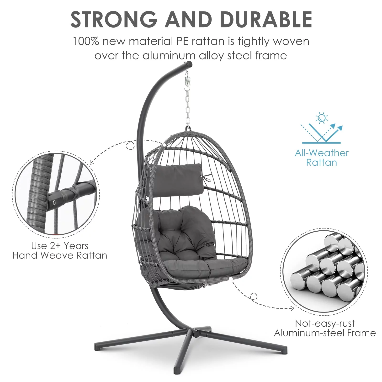 Hanging Egg Chair with Steel Stand and Fluffy Cushion, Lounge Wicker Iron Swing Chairs for Indoor Outdoor Patio Garden - Cheap Fitting