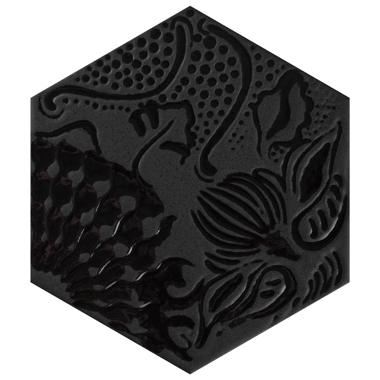 Merola Tile Gaudi Lux Hex Black 8.63 x 9.86 Porcelain Floor and Wall Tile - Cheap Fitting