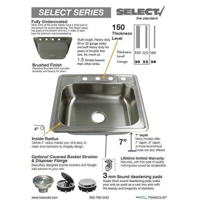 Transolid Select 25-in 22 Gauge Drop-in Single Bowl Kitchen Sink - Cheap Fitting