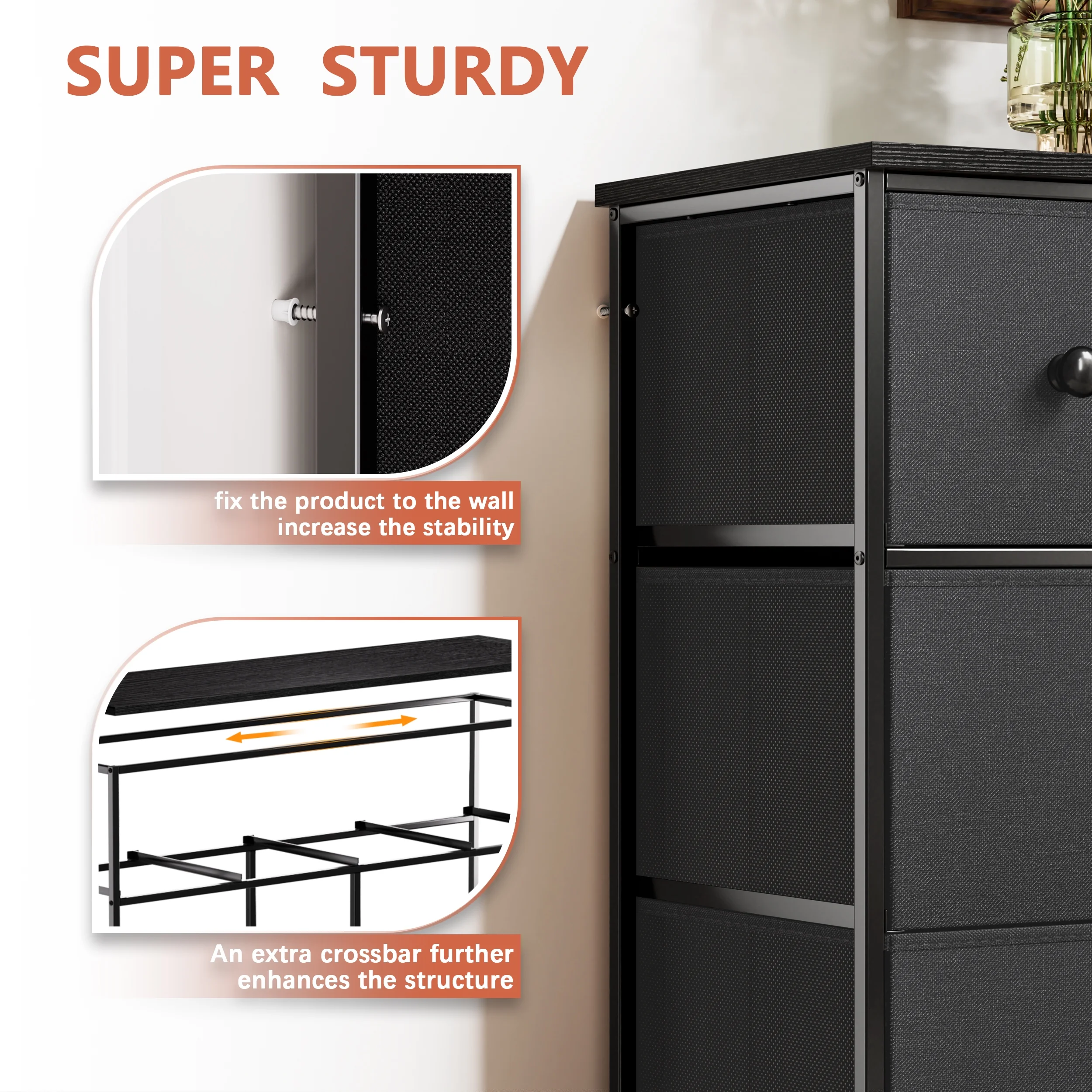 GUNAITO 8 Drawer Dresser, Chest of Drawers for Bedroom, Fabric Drawer for Kids and Adult, Steel Frame and Wooden Top Black Grey - Cheap Fitting