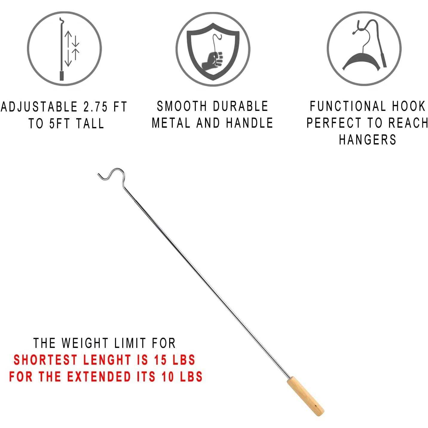 Closet Reacher Pole with Hook and Wooden Handle Heavy Duty Adjustable 2.75-5 Feet - Cheap Fitting