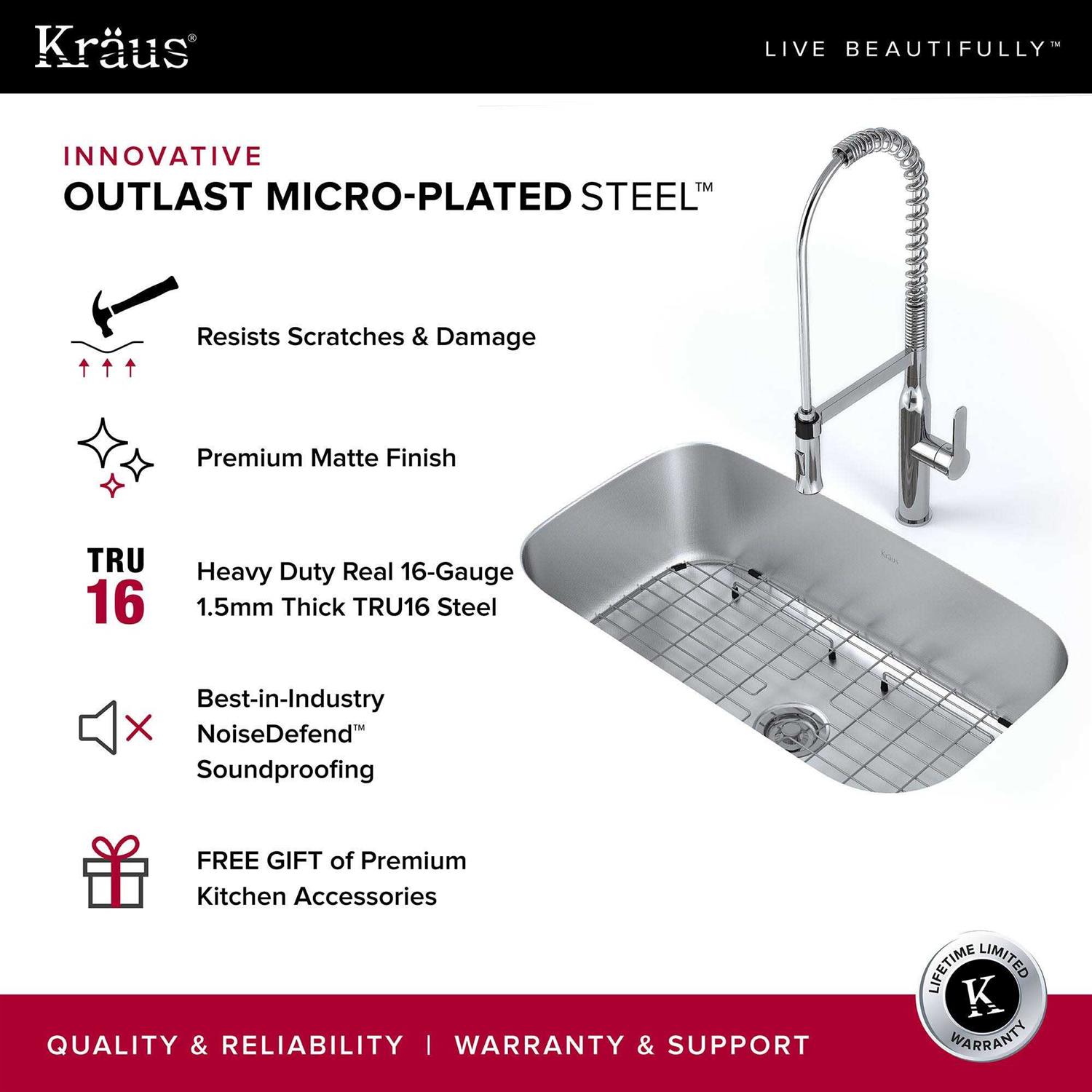 Kraus KBU14E Outlast MicroShield Scratch-Resist Stainless Steel Undermount Single Bowl Sink - Cheap Fitting