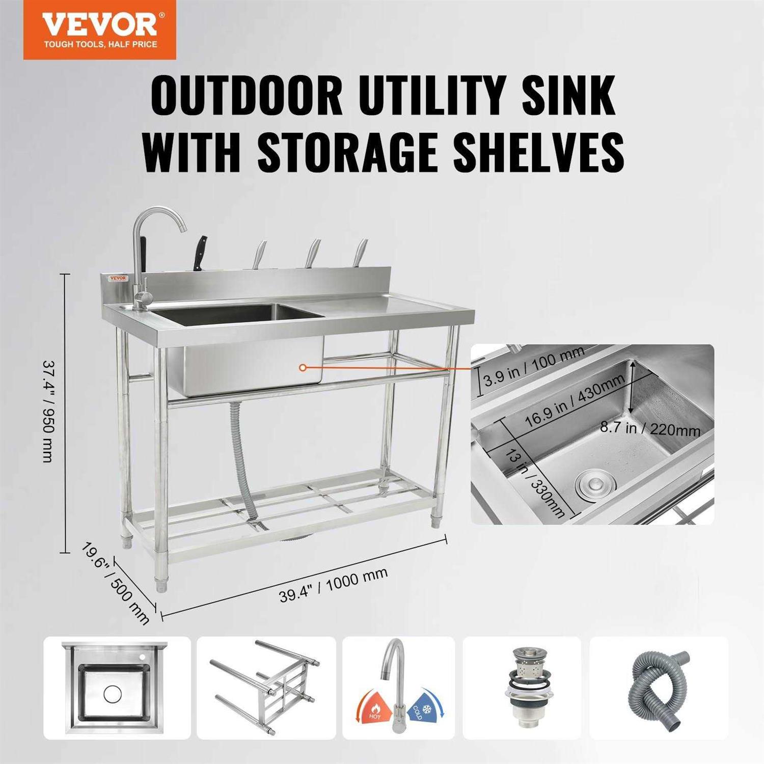 VEVOR Stainless Steel Utility Sink 39.4 x 19.1 x 37.4 in. Commercial Single Bowl Sinks - Cheap Fitting