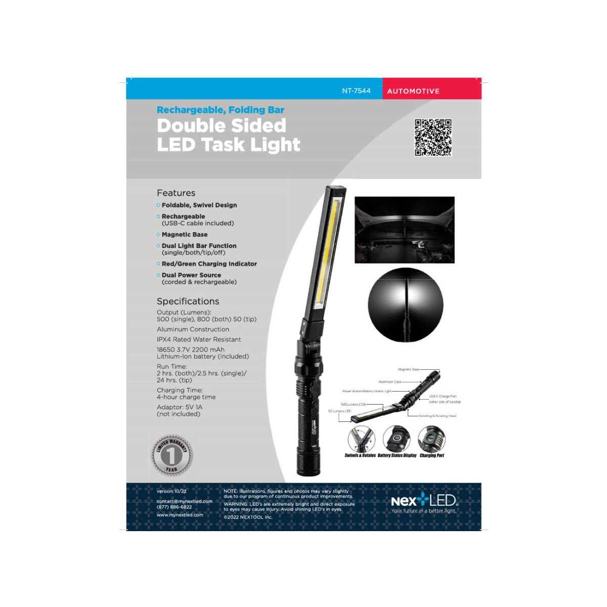 NextLED NT-7544 800 Lumen Double-Sided Foldable Rechargeable LED Slim Bar Work Light with Magnetic Base - Cheap Fitting