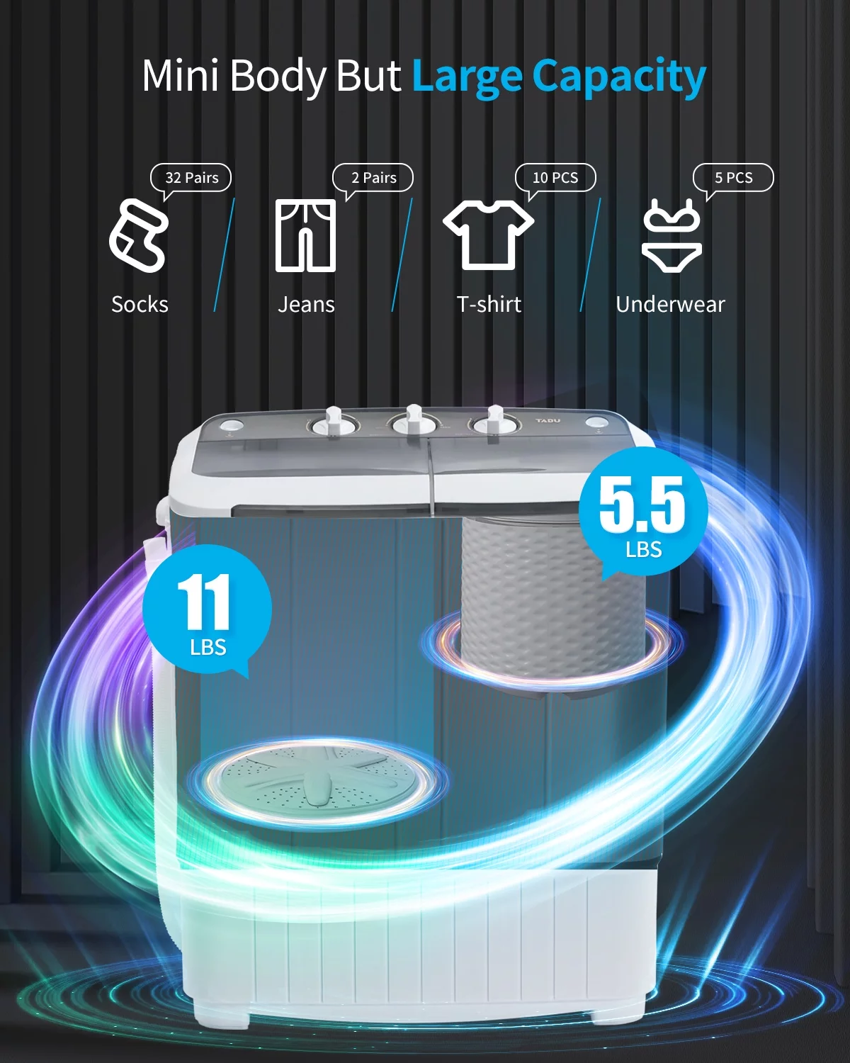 Muhub 16.5lbs Portable Washing Machine,Compact Twin Tub Wash&Spin Combo for Apartment, Dorms,Blue - Cheap Fitting