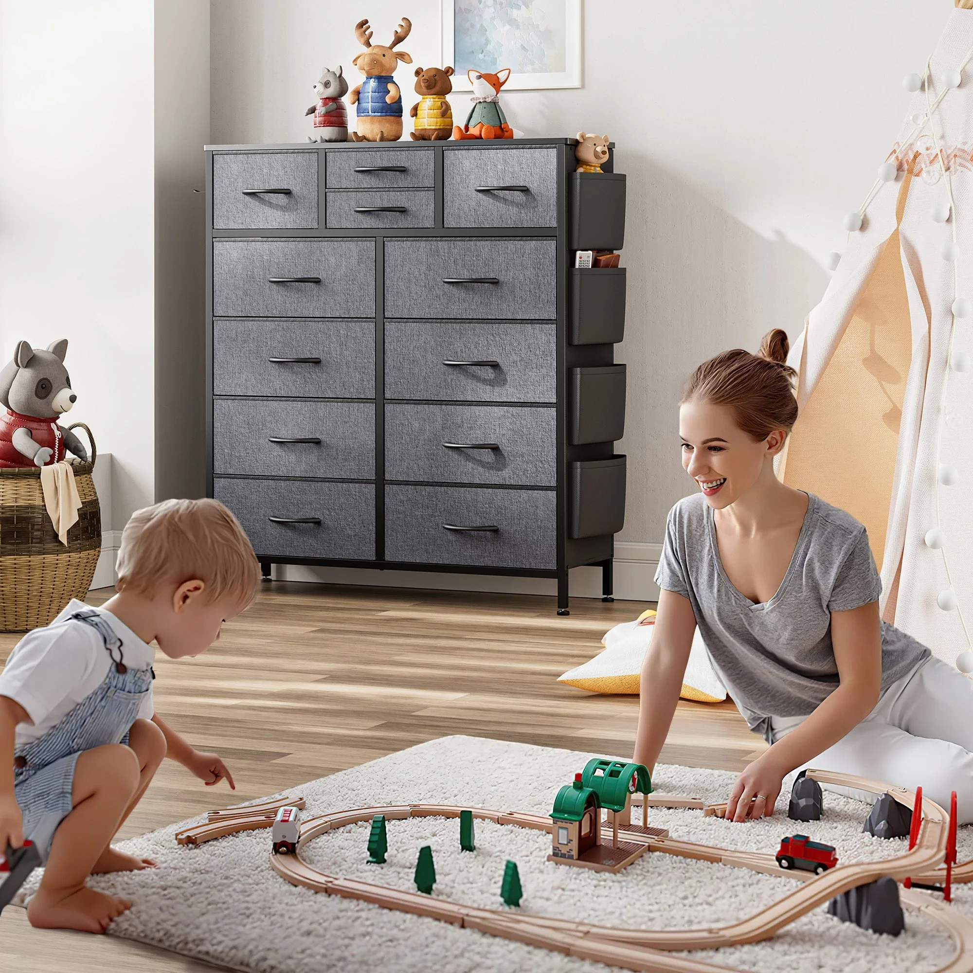 JINYUZHOU INC 12 Drawer Dresser Tall Dressers for Bedroom Fabric Chest of Drawers Rustic Brown - Cheap Fitting