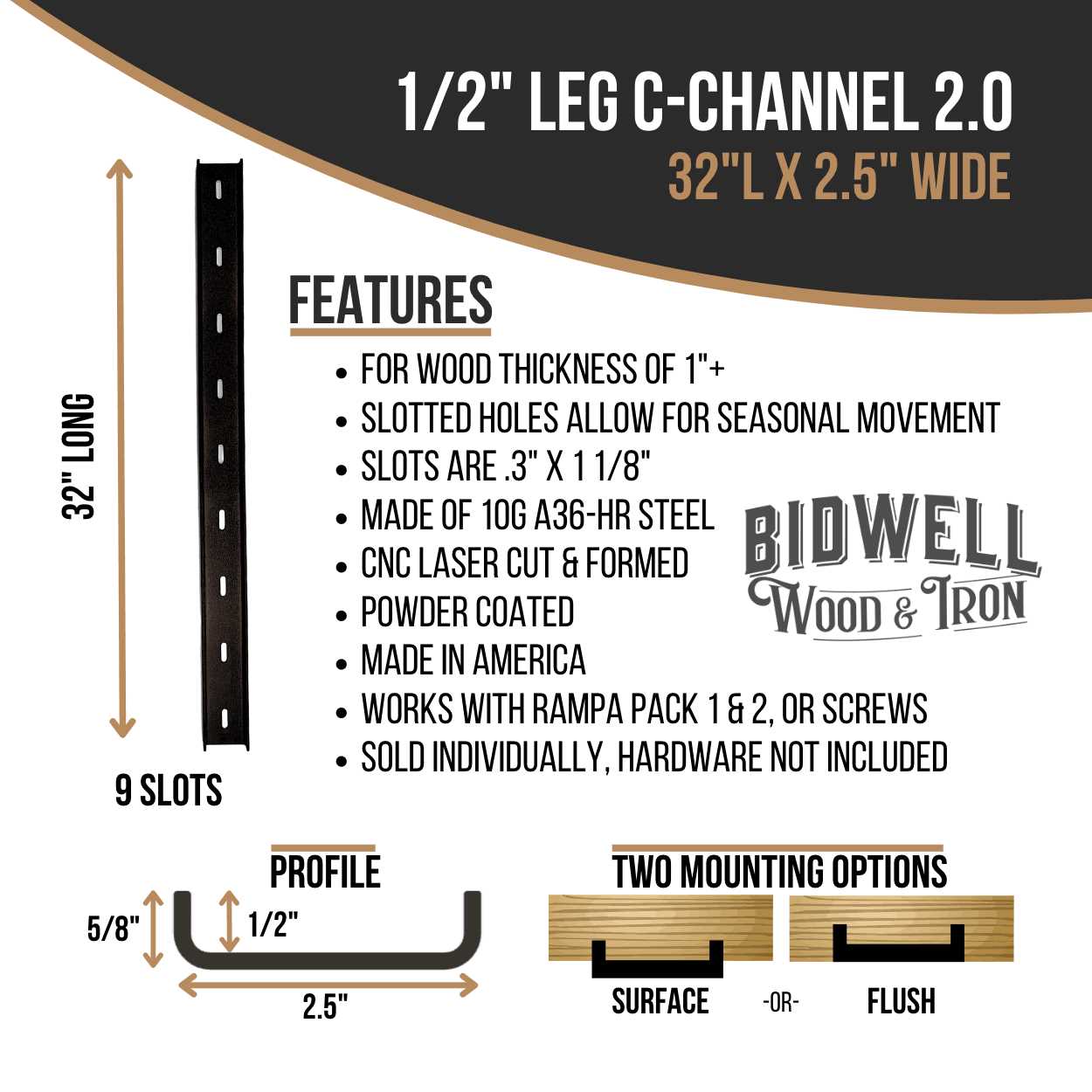 Bidwell Wood & Iron The Original C Channel Leg Hidden Metal Support Bracing, for Live Edge or Glue-Up Wood Tables - Cheap Fitting