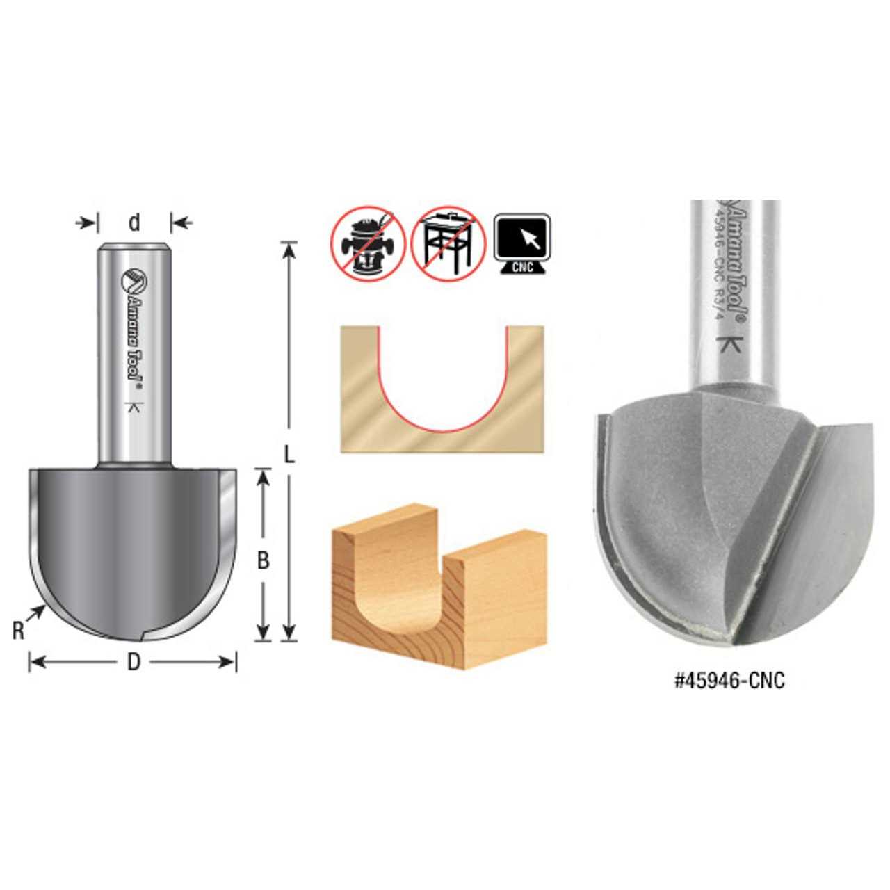 Amana 45948-CNC Carbide Tipped Core Box 1 Inch Radius x 2 Inch Dia x 1-1/4 x 1/2 Shank CNC - Cheap Fitting