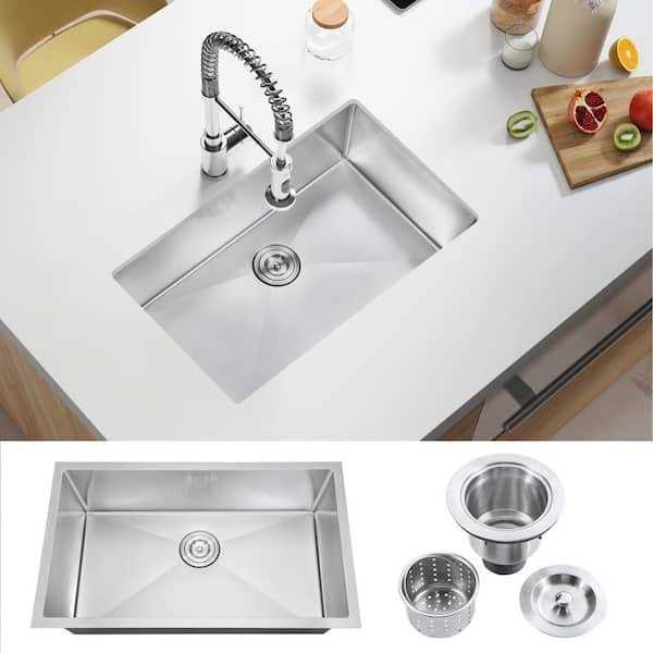 Attop Brushed 20-Gauge Stainless Steel 30 in. Single Bowl Undermount Scratch-Resistant Nano Kitchen Sink with Strainer - Cheap Fitting