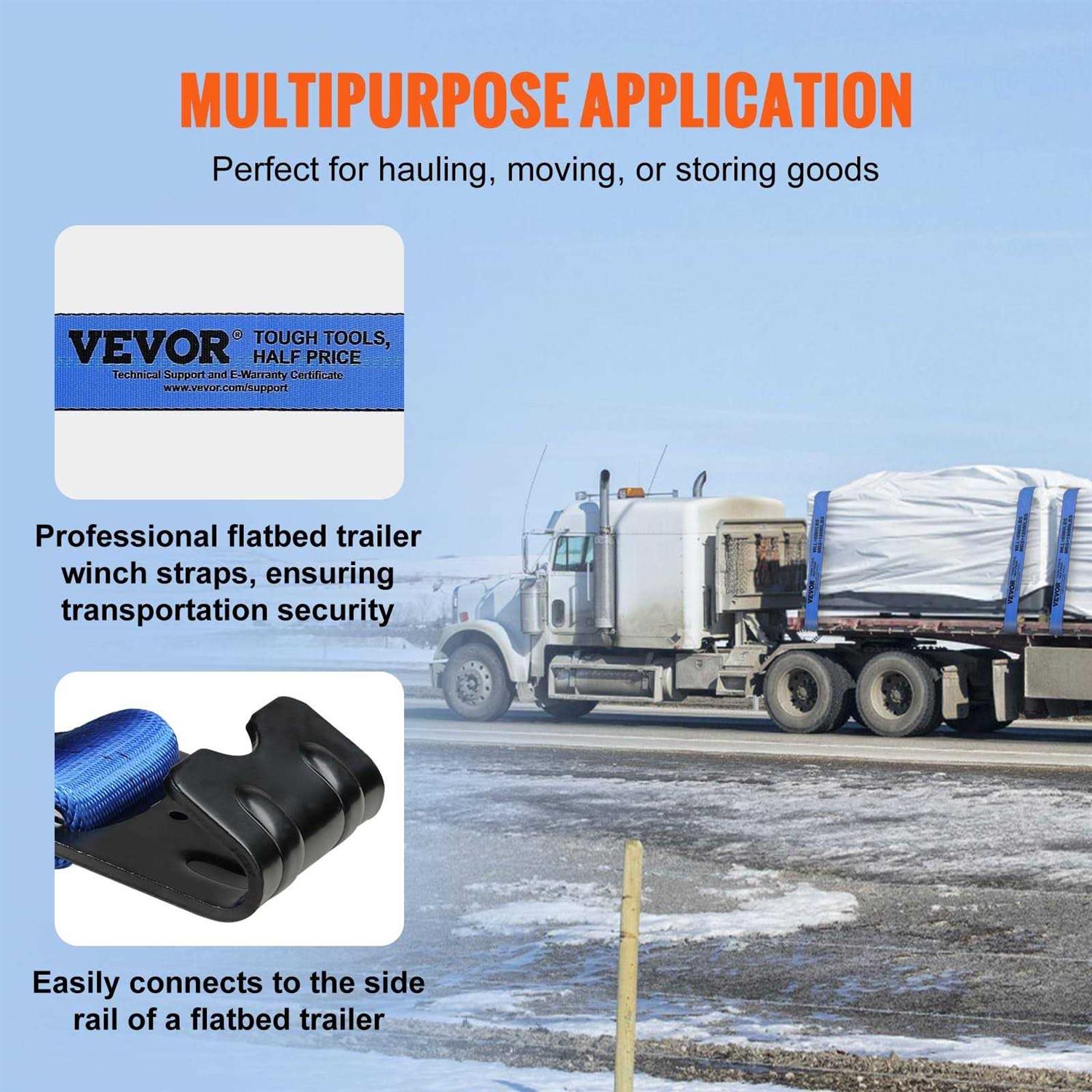 VEVOR Truck Straps 4 x30′ Heavy Duty Tie Down w/Flat Hooks 18,000lbs Break Strength - Cheap Fitting