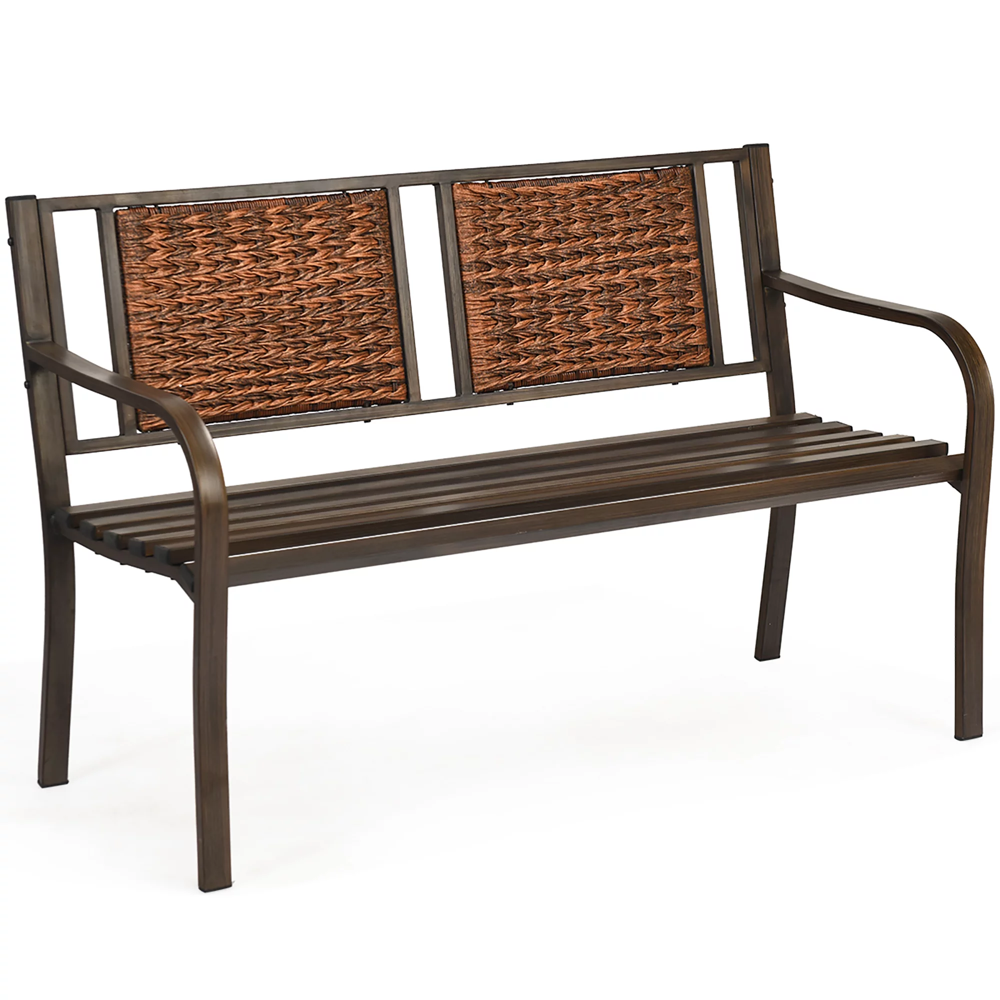 Costway Patio Garden Bench Steel Frame Rattan Backrest Park Yard Outdoor Porch Furniture - Cheap Fitting