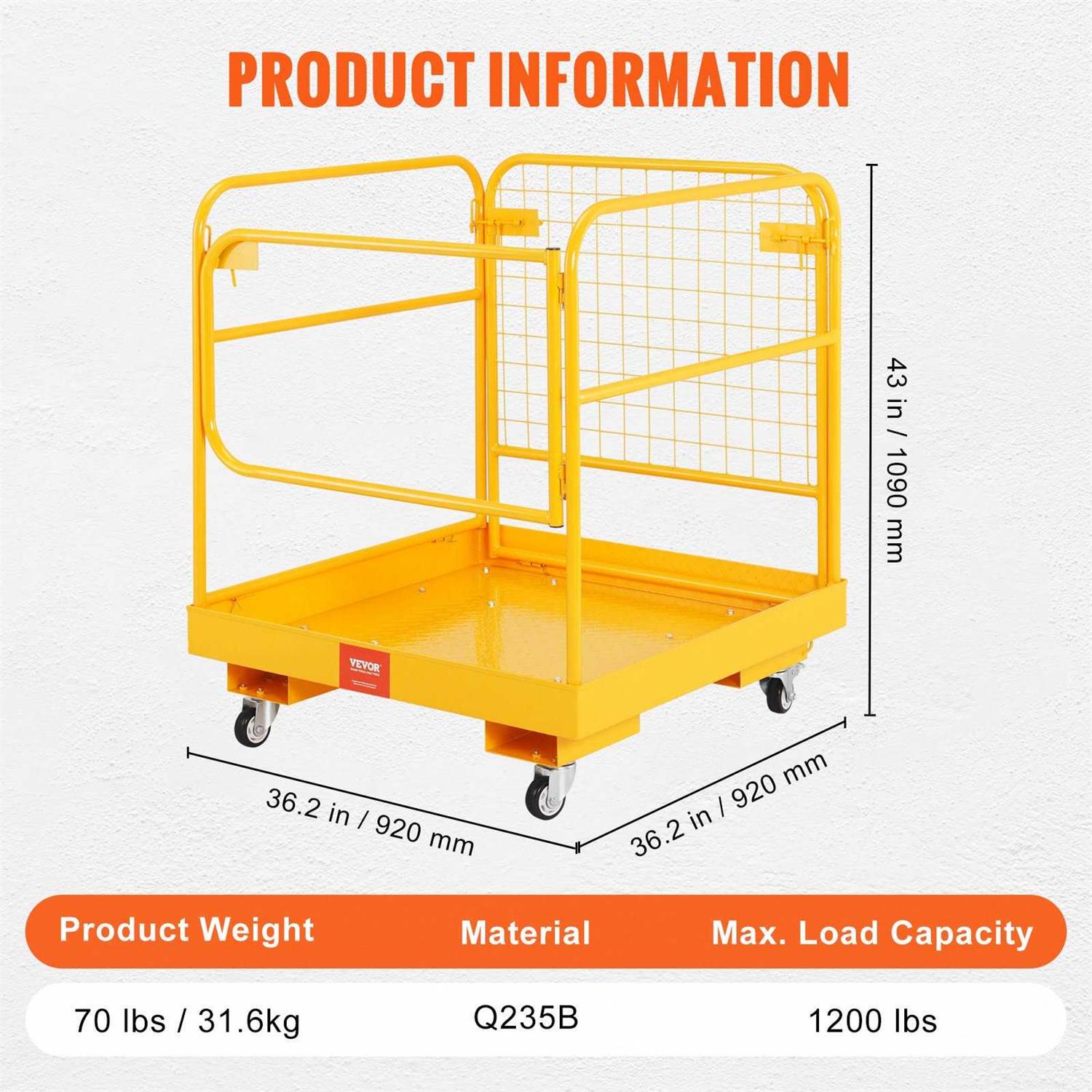 VEVOR Forklift Safety Cage 1200 lbs Load Capacity 36 x 36 inches Folding Forklift Work Platform with Lockable Swivel Wheels - Cheap Fitting