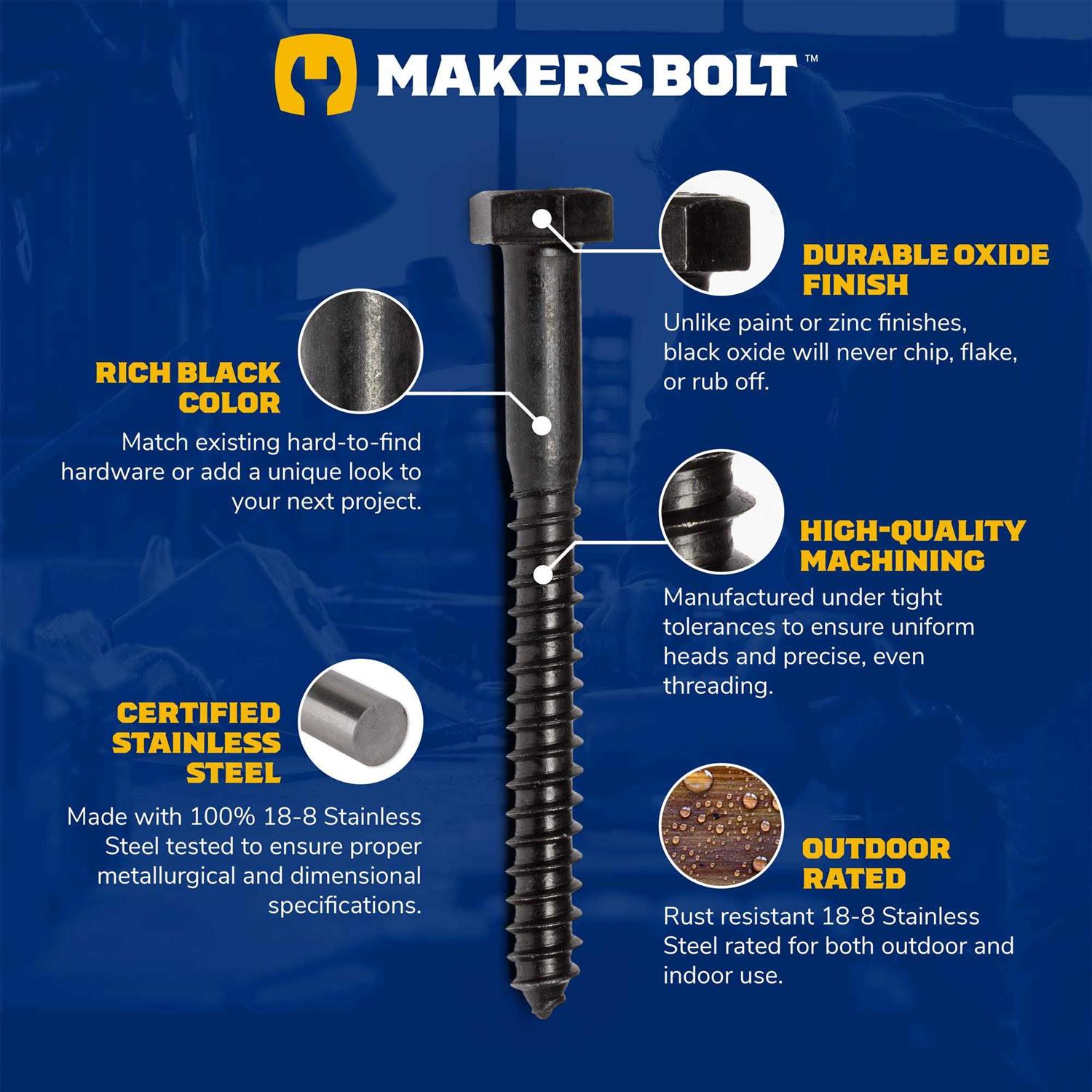 Makers Bolt Stainless Steel Hex Lag Bolts Black Oxidized in USA - Cheap Fitting