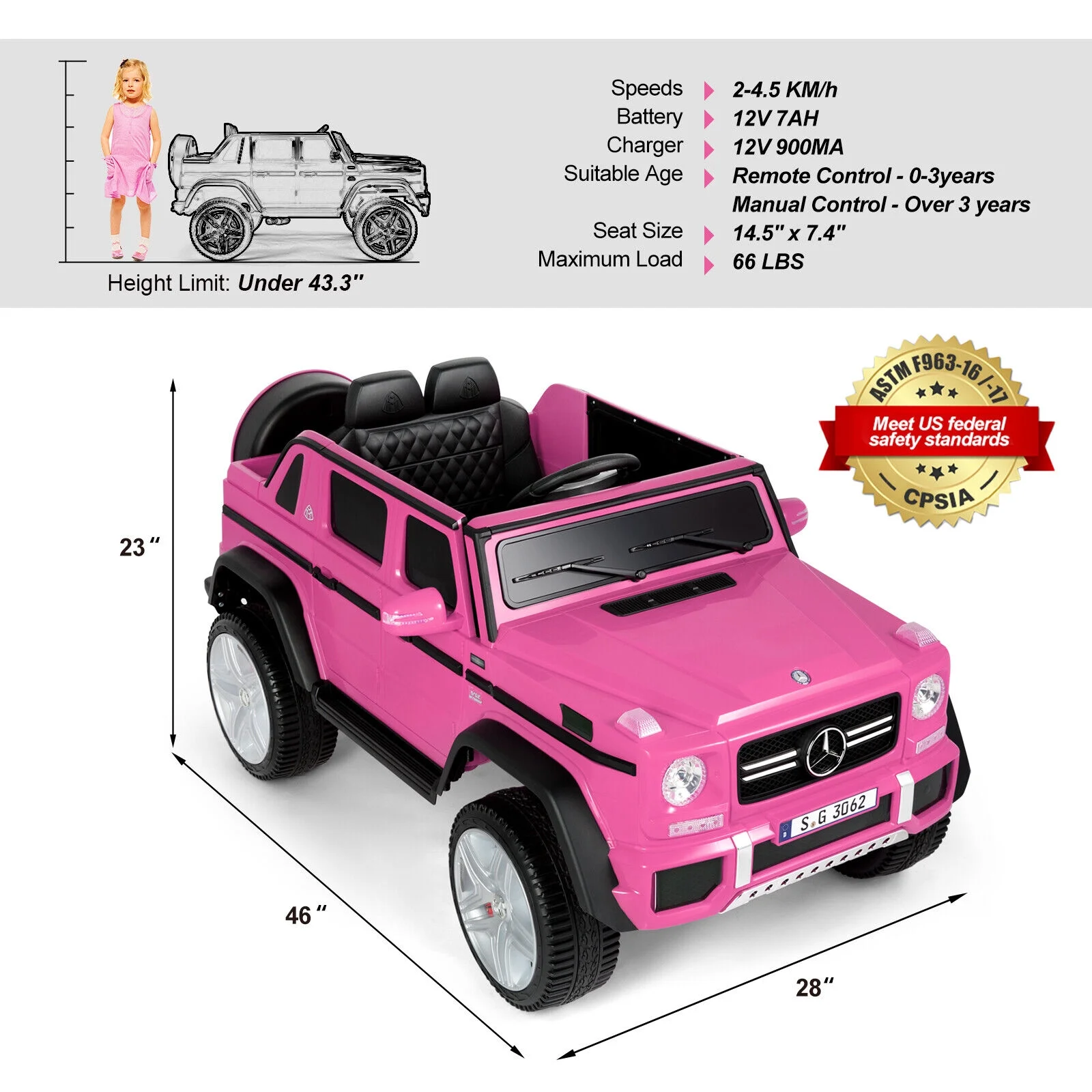 JOYLDIAS 12V Mercedes-Benz G650S Kids Ride On Car Electric Toy w/Remote Control, 3 Speeds, LED Lights, Bluetooth, Music(Pink) - Cheap Fitting