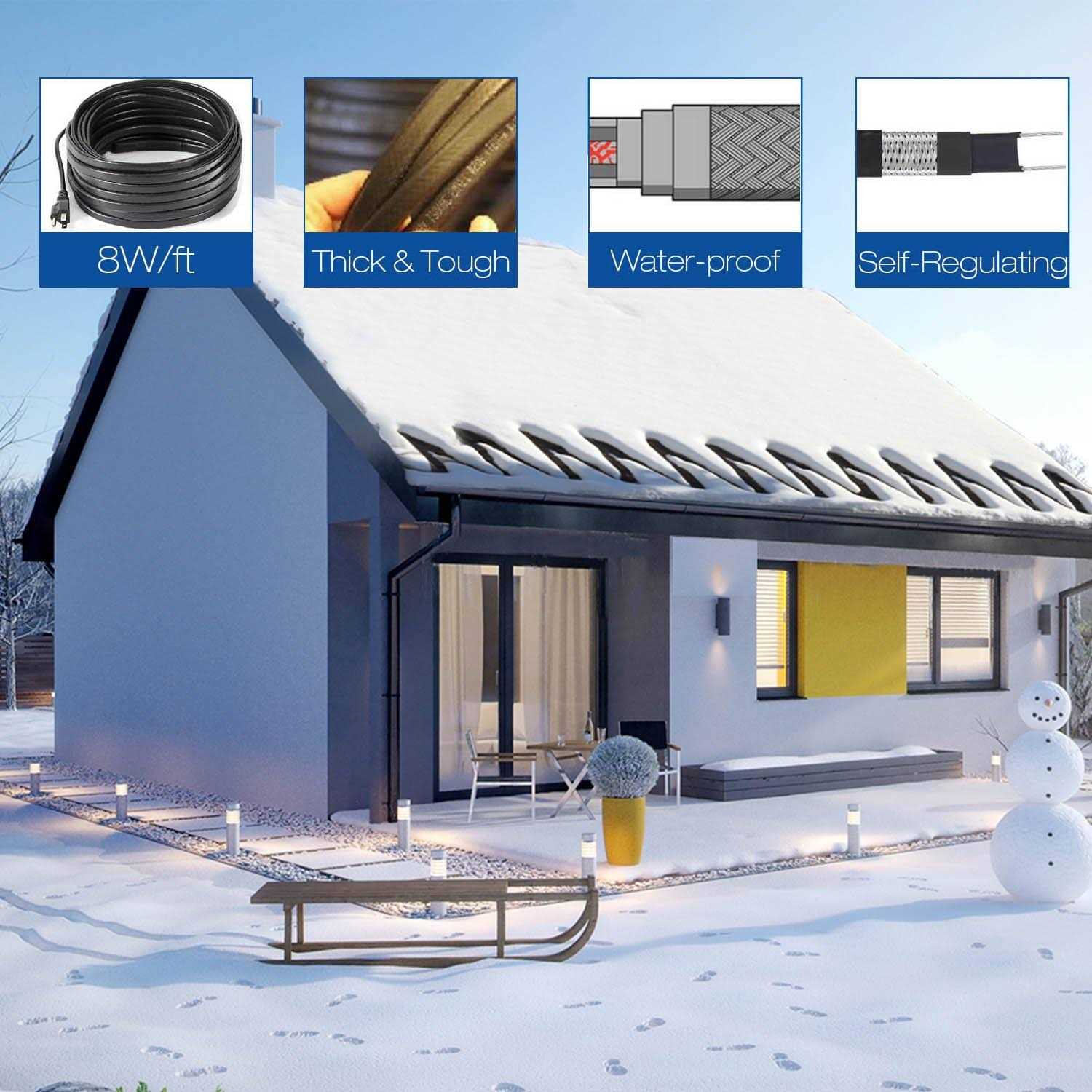 H&G Lifestyles Roof Heat Cable Snow De-icing Kit Self-Regulating Plug-in Ready Heat Tape for Roof and Gutters Ice Dam Prevention 8W/ft - Cheap Fitting