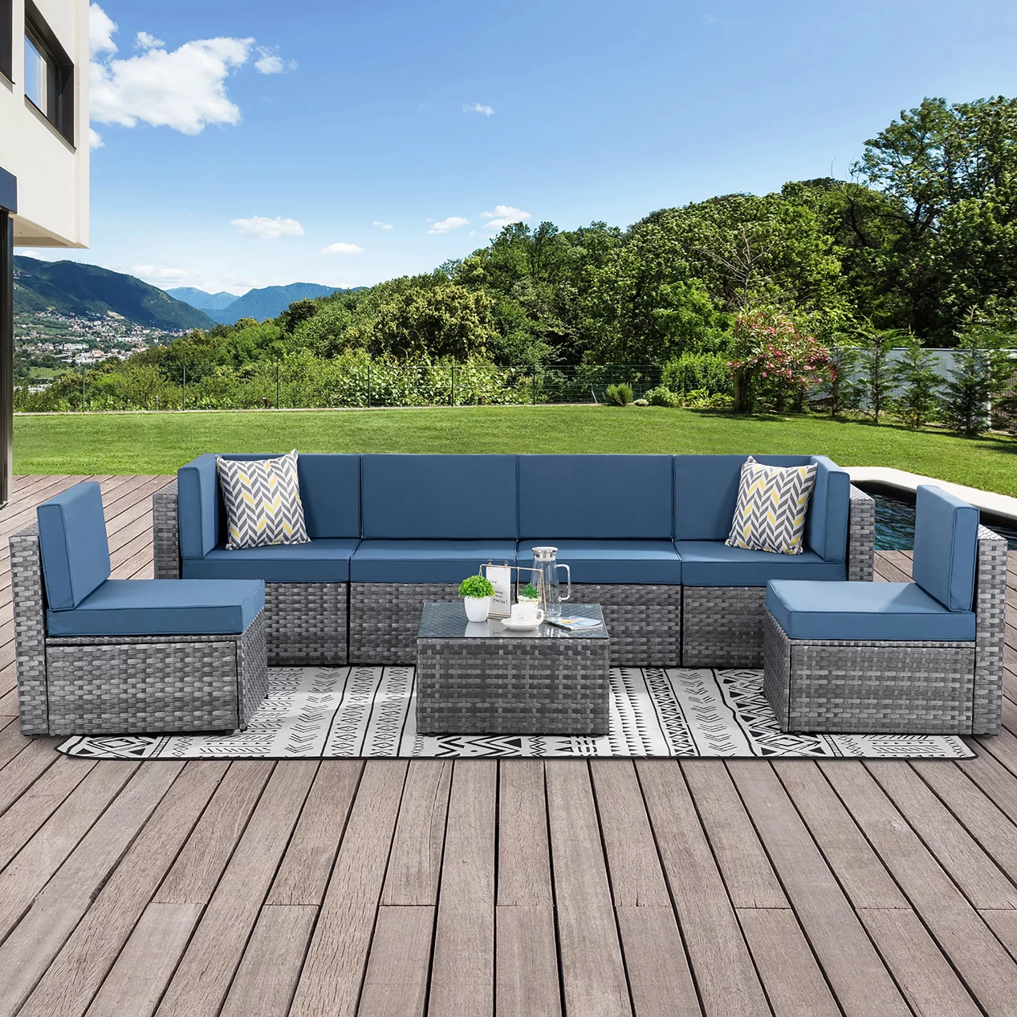 Walsunny 7 Piece Outdoor Patio Furniture Set, Wicker Outdoor Conversation Sectional Sofa Set Aegean Blue - Cheap Fitting