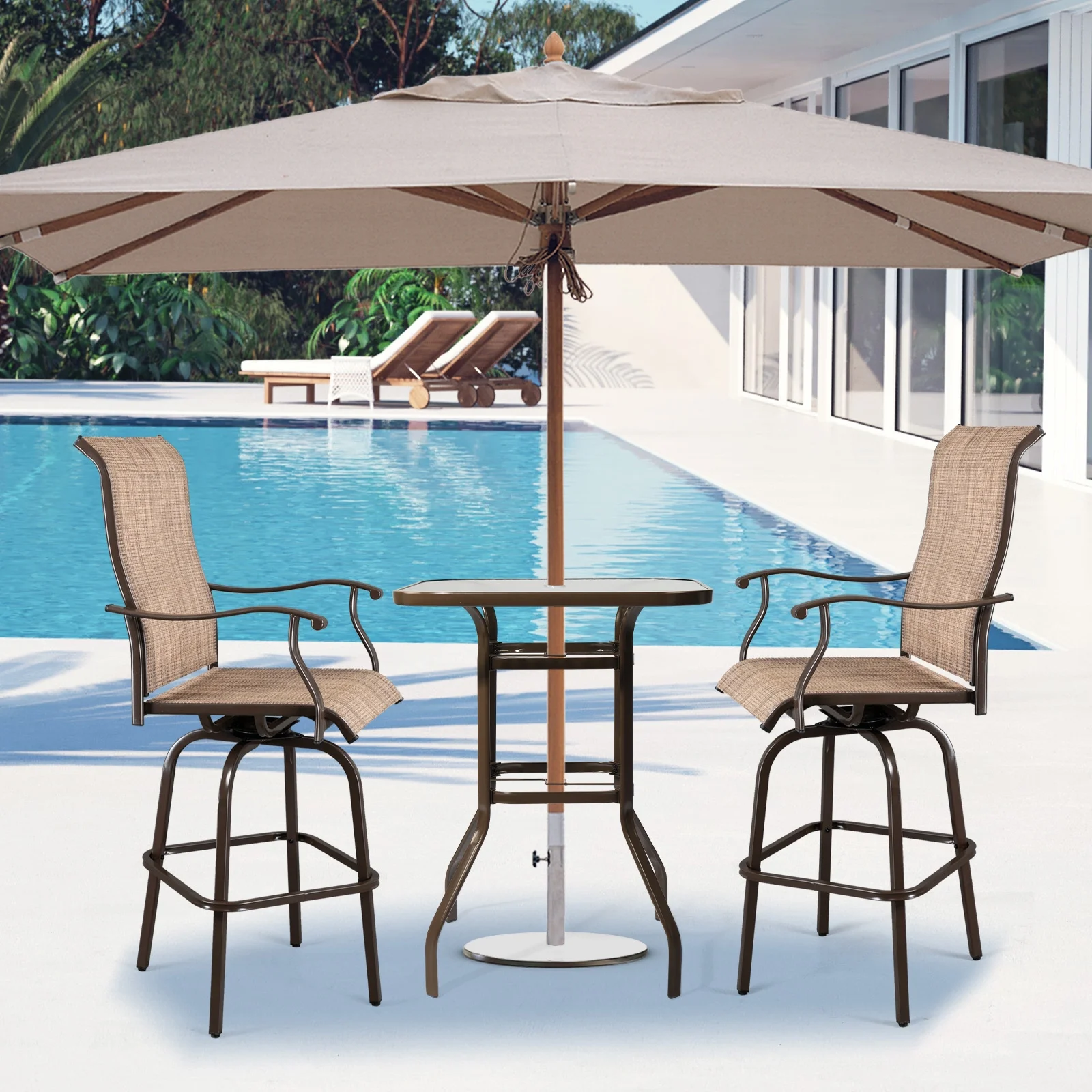 Ktaxon 31 Inch Patio Bar Table, Square Outdoor Bar Height Bistro Table with Tempered Glass Tabletop & Umbrella Hole, Outdoor Cocktail Table for Patio Yard Poolside, Brown - Cheap Fitting
