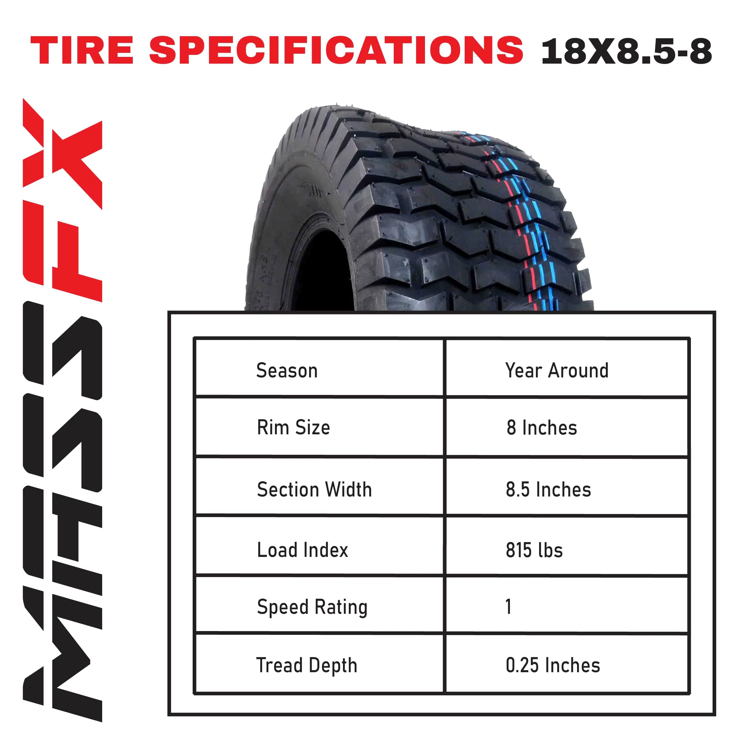 MASSFX 18x8.5-8 Golf Cart, Turf, Lawn & Garden Tire 4 Ply with 6mm Tread Depth 18x8.5x8 (4 Pack) - Cheap Fitting